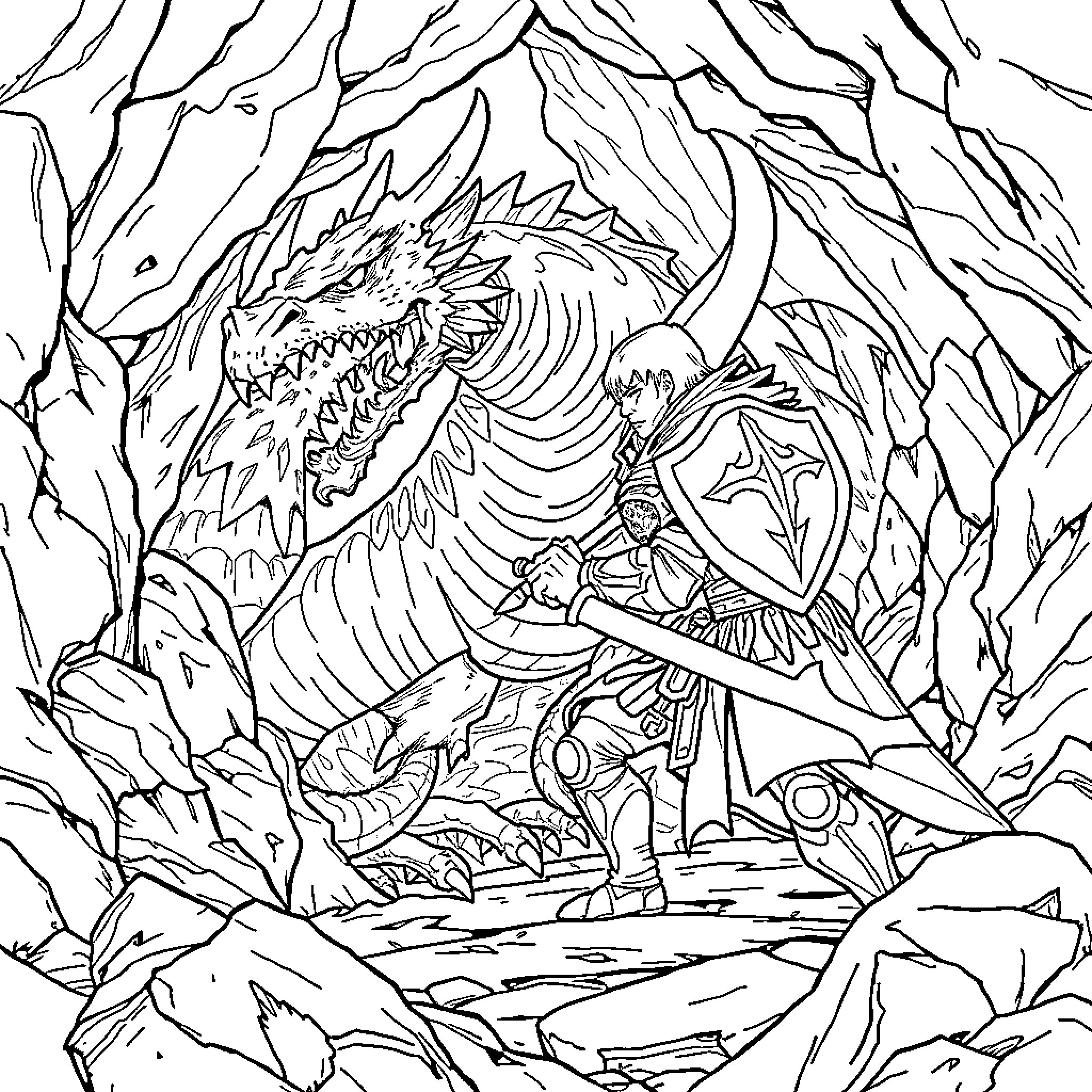 Runescape Character Battling a Fearsome Dragon Coloring Page (free black-and-white line drawing printable PDF for all, from beginners to advanced learners, including children, teens, adults, and seniors)