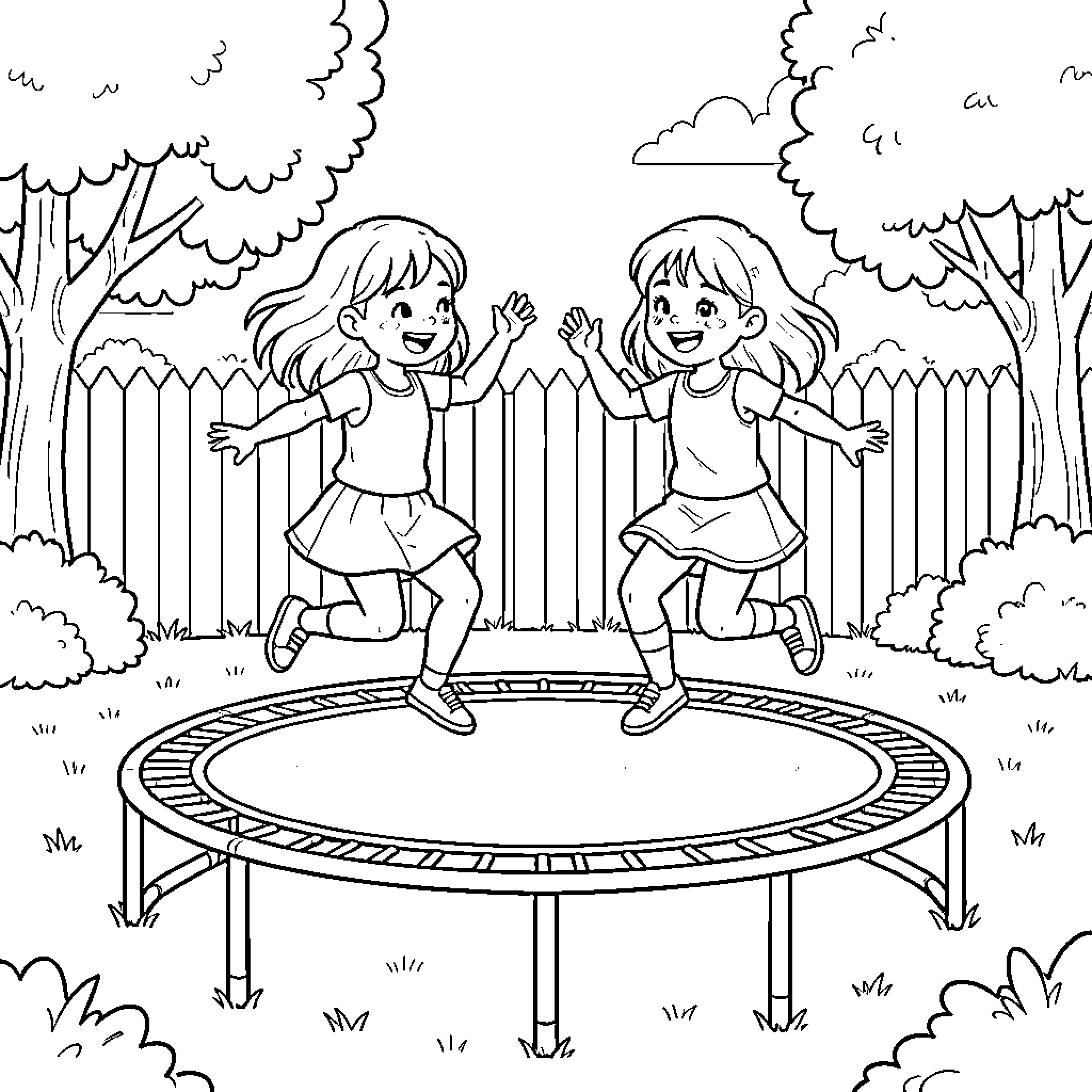 Girls jumping happily on a trampoline in the park Coloring Page (free black-and-white line drawing printable PDF for all, from beginners to advanced learners, including children, teens, adults, and seniors)