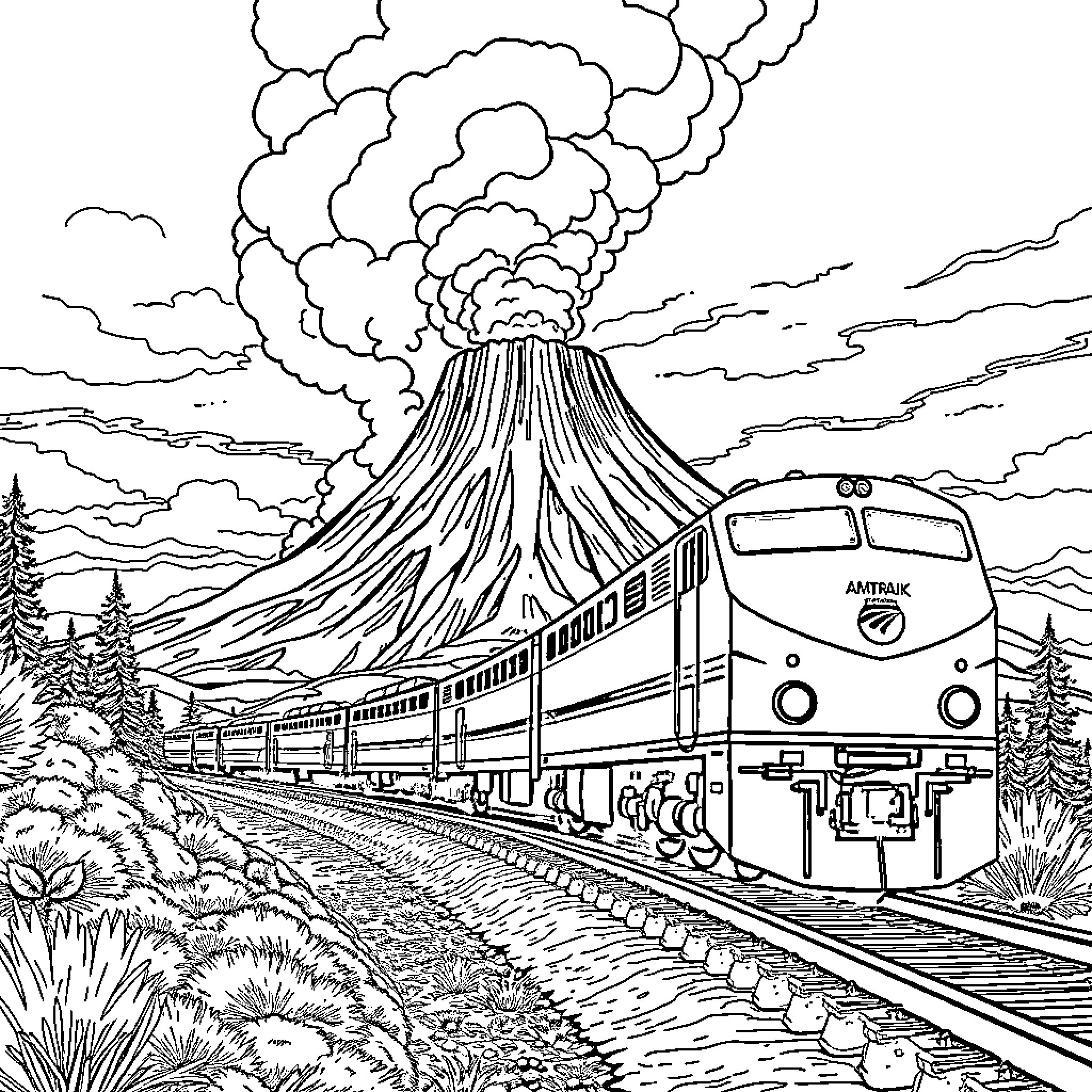 Train passing by a towering volcanic eruption Coloring Page (free black-and-white line drawing printable PDF for all, from beginners to advanced learners, including children, teens, adults, and seniors)