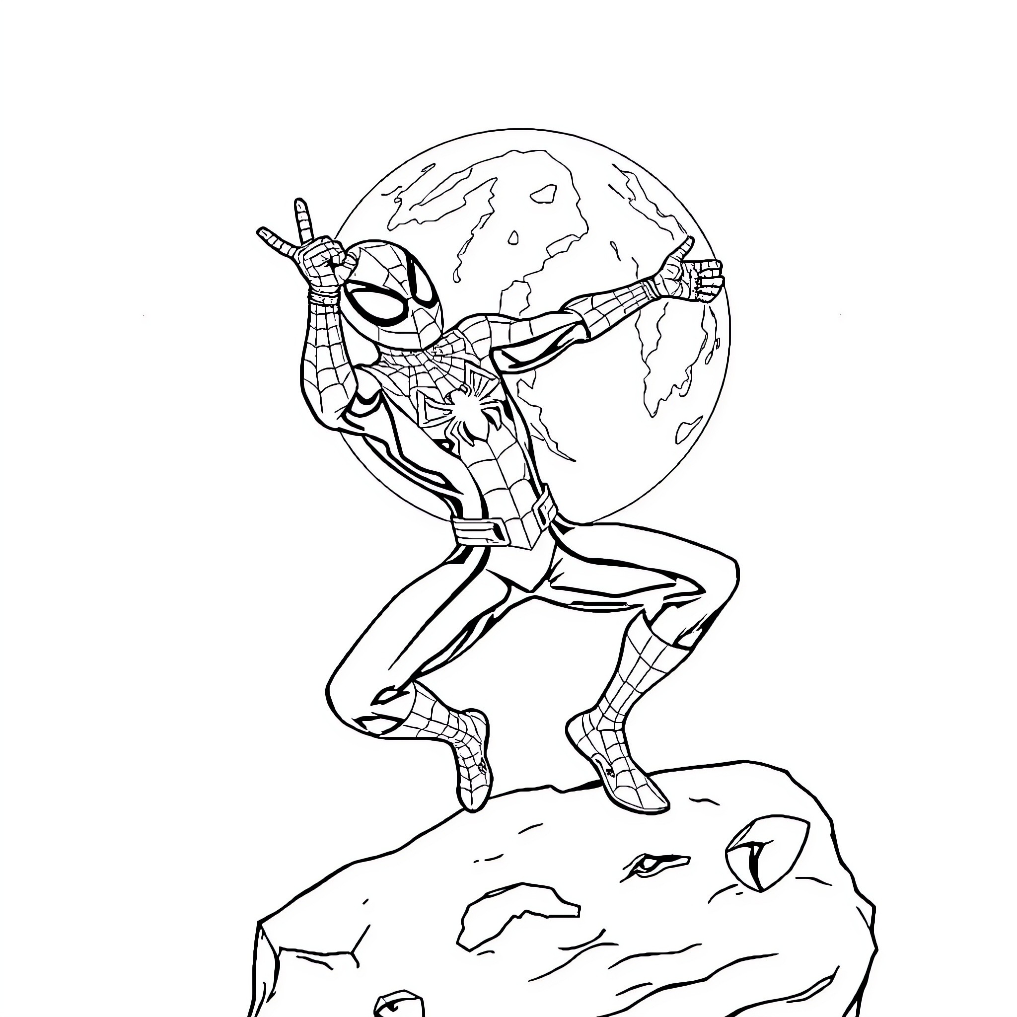 Spider-Man Heroically Poses with the World Coloring Page (free black-and-white line drawing printable PDF for all, from beginners to advanced learners, including children, teens, adults, and seniors)