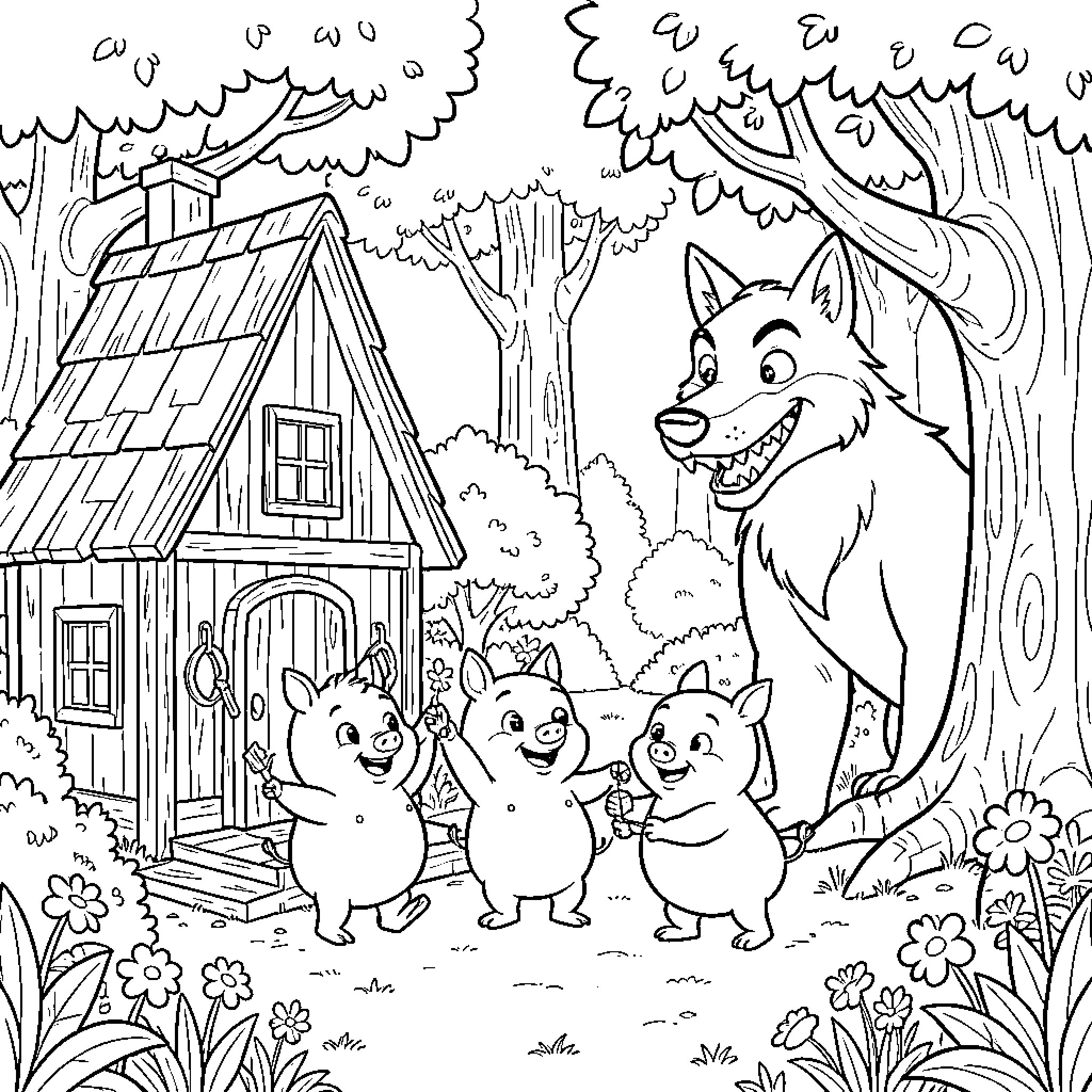 Pig Family Exploring the Cozy Forest Cottage Coloring Page (free black-and-white line drawing printable PDF for all, from beginners to advanced learners, including children, teens, adults, and seniors)