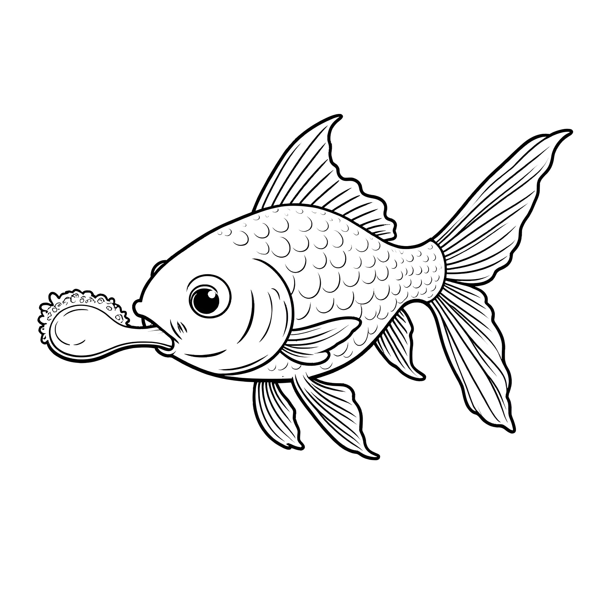 Goldfish swimming with open mouth Coloring Page (free black-and-white line drawing printable PDF for all, from beginners to advanced learners, including children, teens, adults, and seniors)