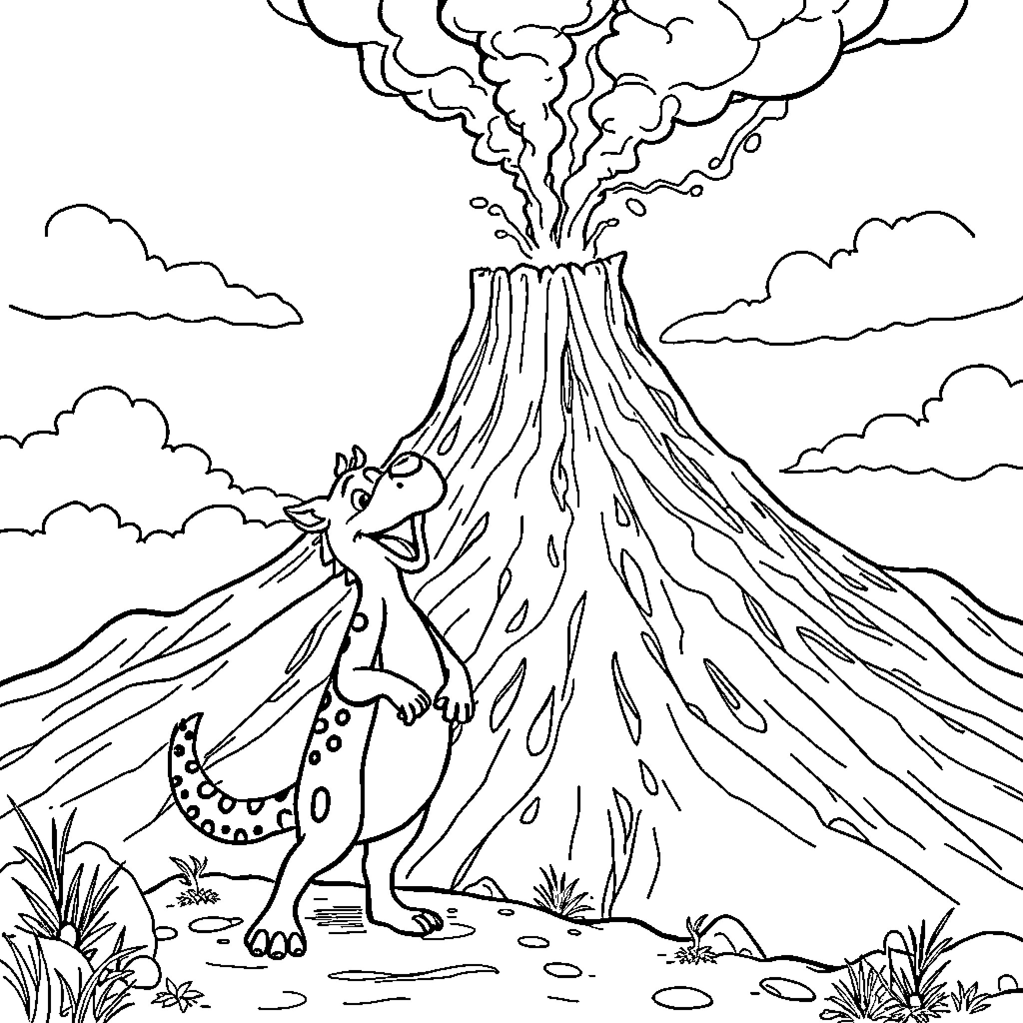 Huntrix's Volcanic Adventure Coloring Page (free black-and-white line drawing printable PDF for all, from beginners to advanced learners, including children, teens, adults, and seniors)