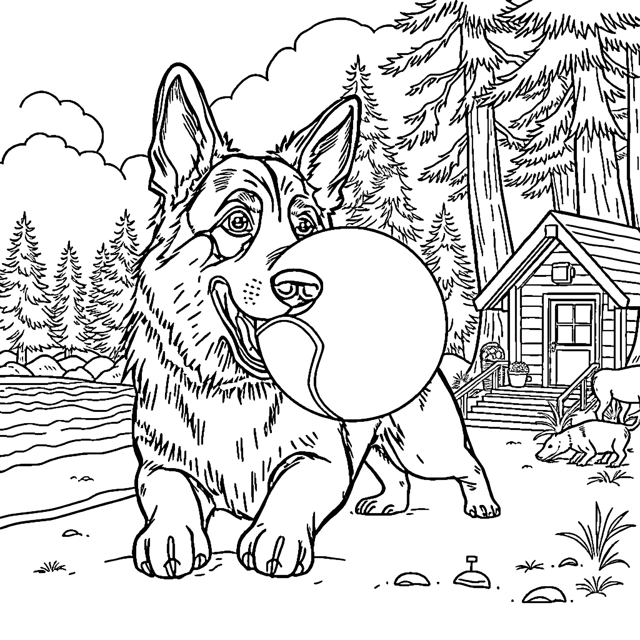 German Shepherd Enjoying the Outdoors Coloring Page (free black-and-white line drawing printable PDF for all, from beginners to advanced learners, including children, teens, adults, and seniors)