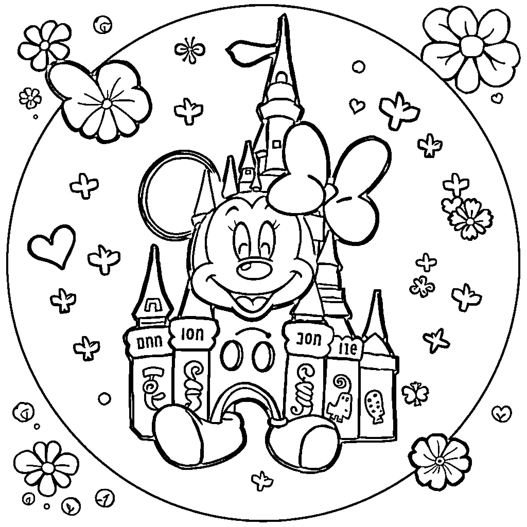 Disney Pin featuring a playful character and castle Coloring Page (free black-and-white line drawing printable PDF for all, from beginners to advanced learners, including children, teens, adults, and seniors)
