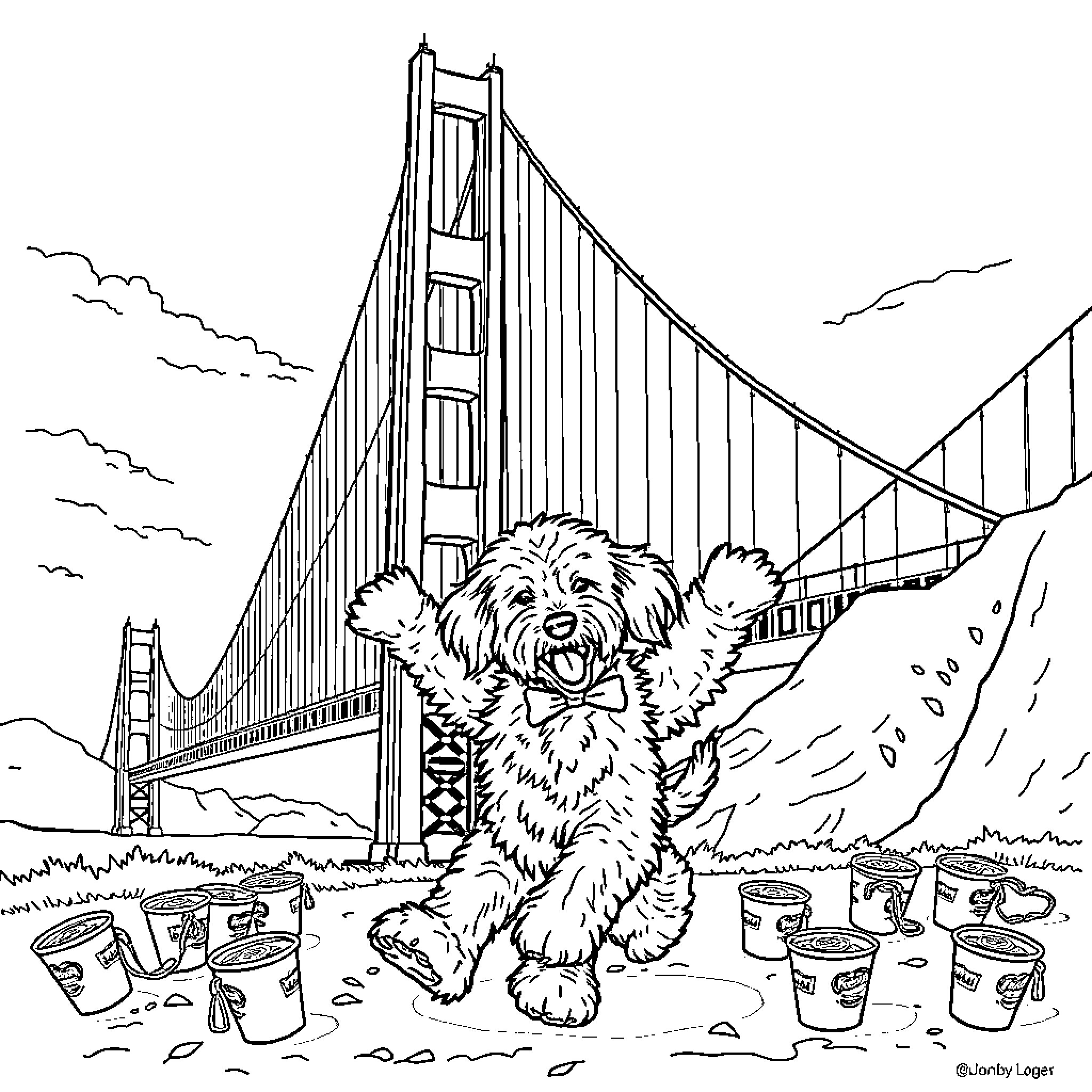 Goldendoodle exploring the Golden Gate Bridge Coloring Page (free black-and-white line drawing printable PDF for all, from beginners to advanced learners, including children, teens, adults, and seniors)