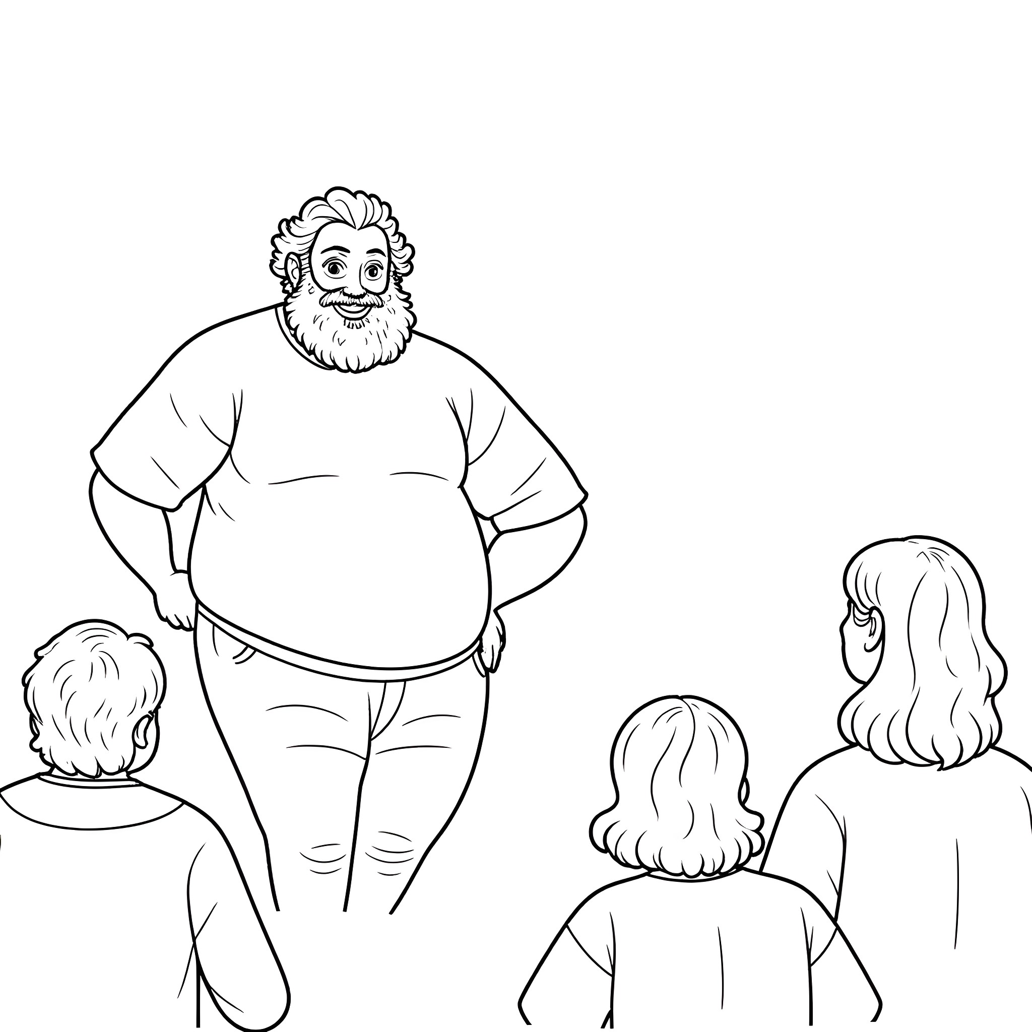Guy in a white outfit speaking to a group Coloring Page (free black-and-white line drawing printable PDF for all, from beginners to advanced learners, including children, teens, adults, and seniors)