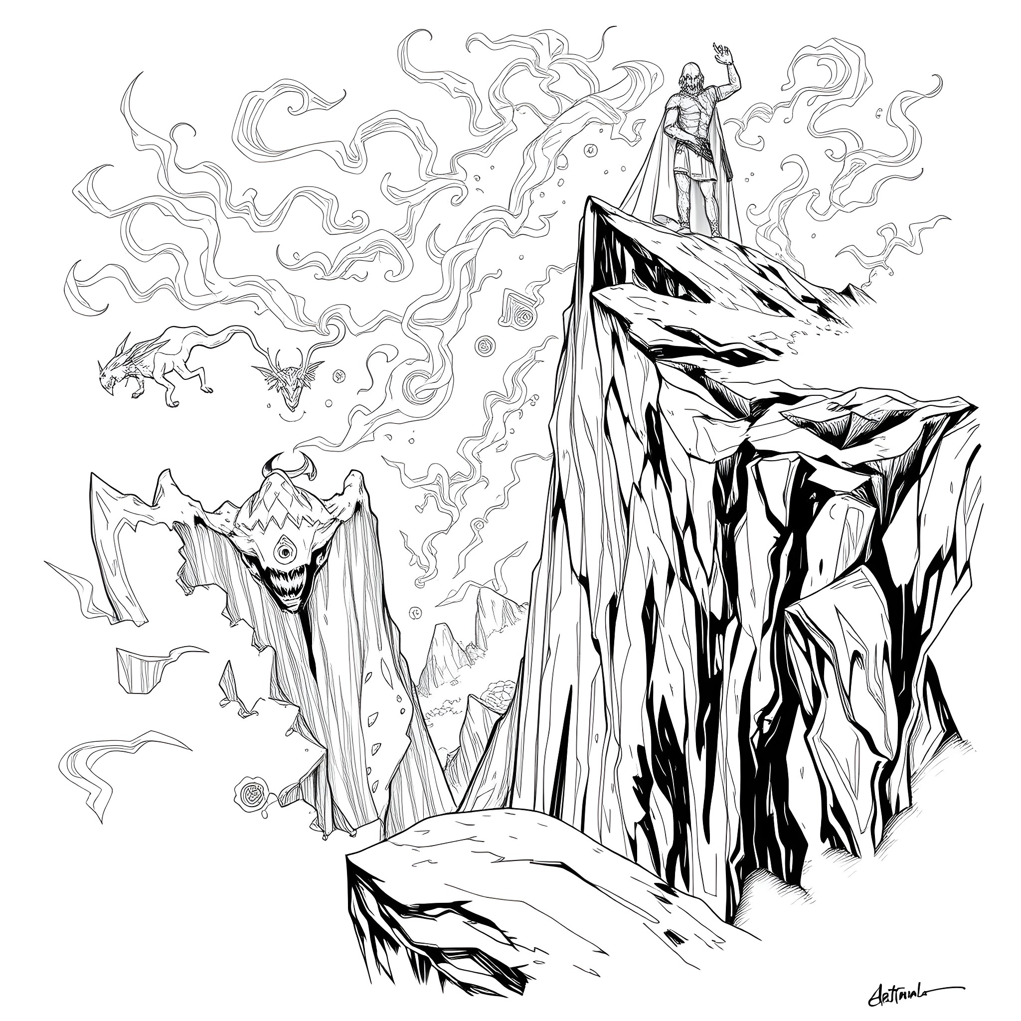 Warrior standing on the edge of a treacherous cliff Coloring Page (free black-and-white line drawing printable PDF for all, from beginners to advanced learners, including children, teens, adults, and seniors)