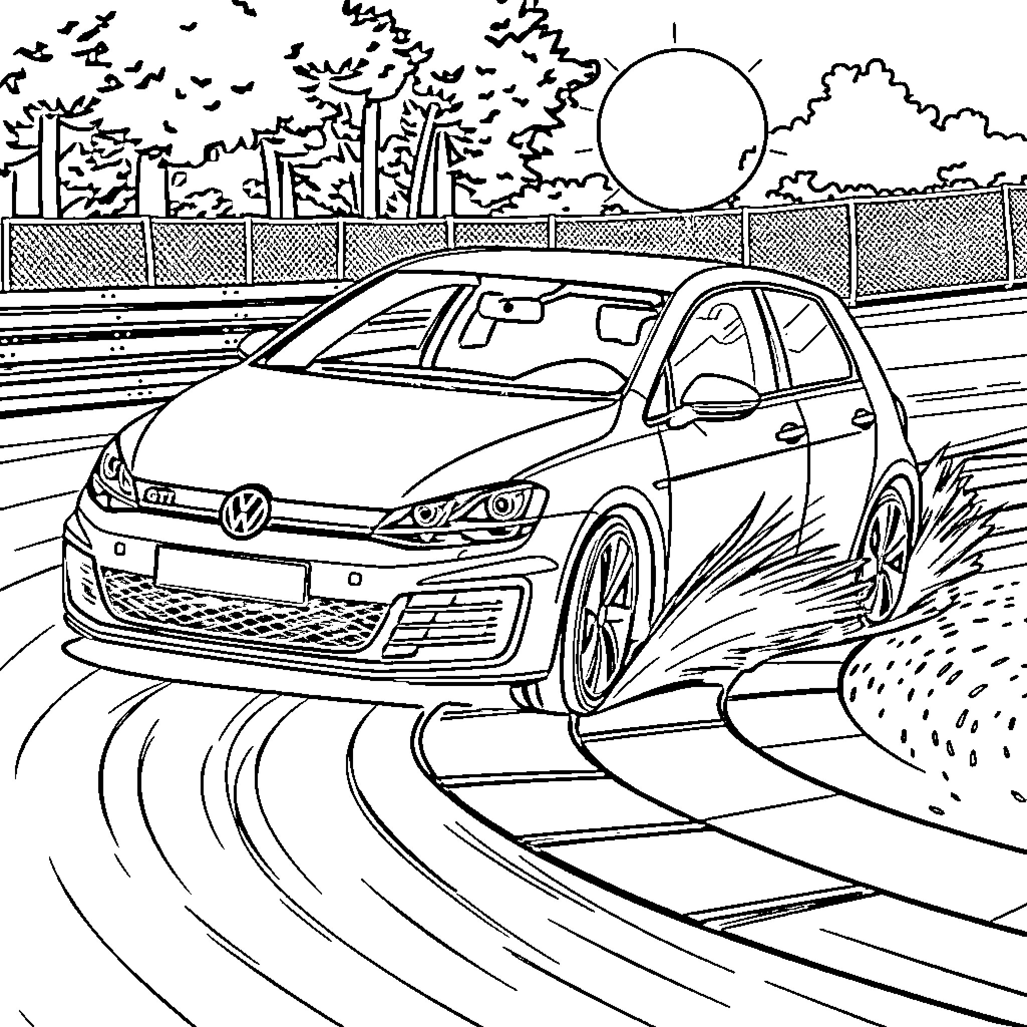 Golf GTI driving on winding road through forest landscape Coloring Page (free black-and-white line drawing printable PDF for all, from beginners to advanced learners, including children, teens, adults, and seniors)