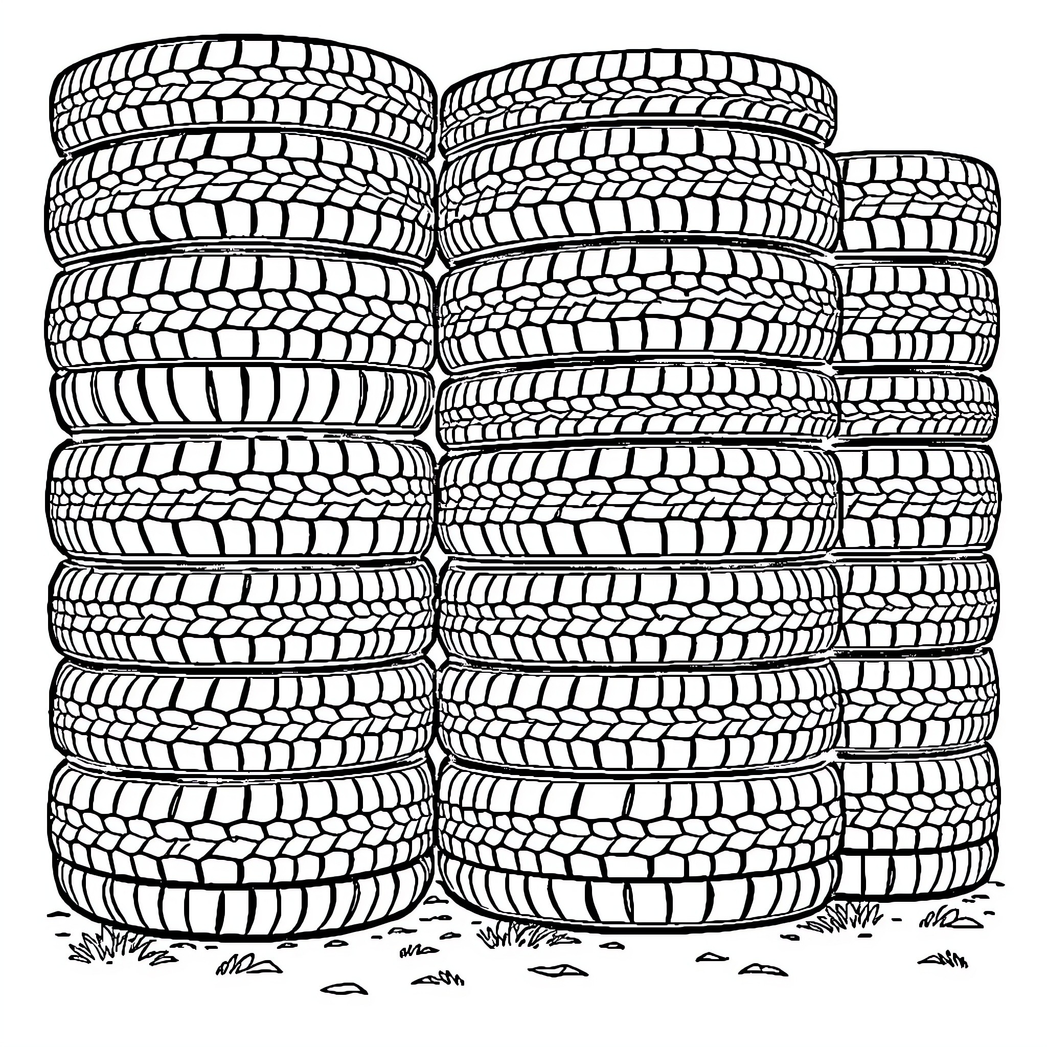Tire tread patterns in stacked arrangement Coloring Page (free black-and-white line drawing printable PDF for all, from beginners to advanced learners, including children, teens, adults, and seniors)