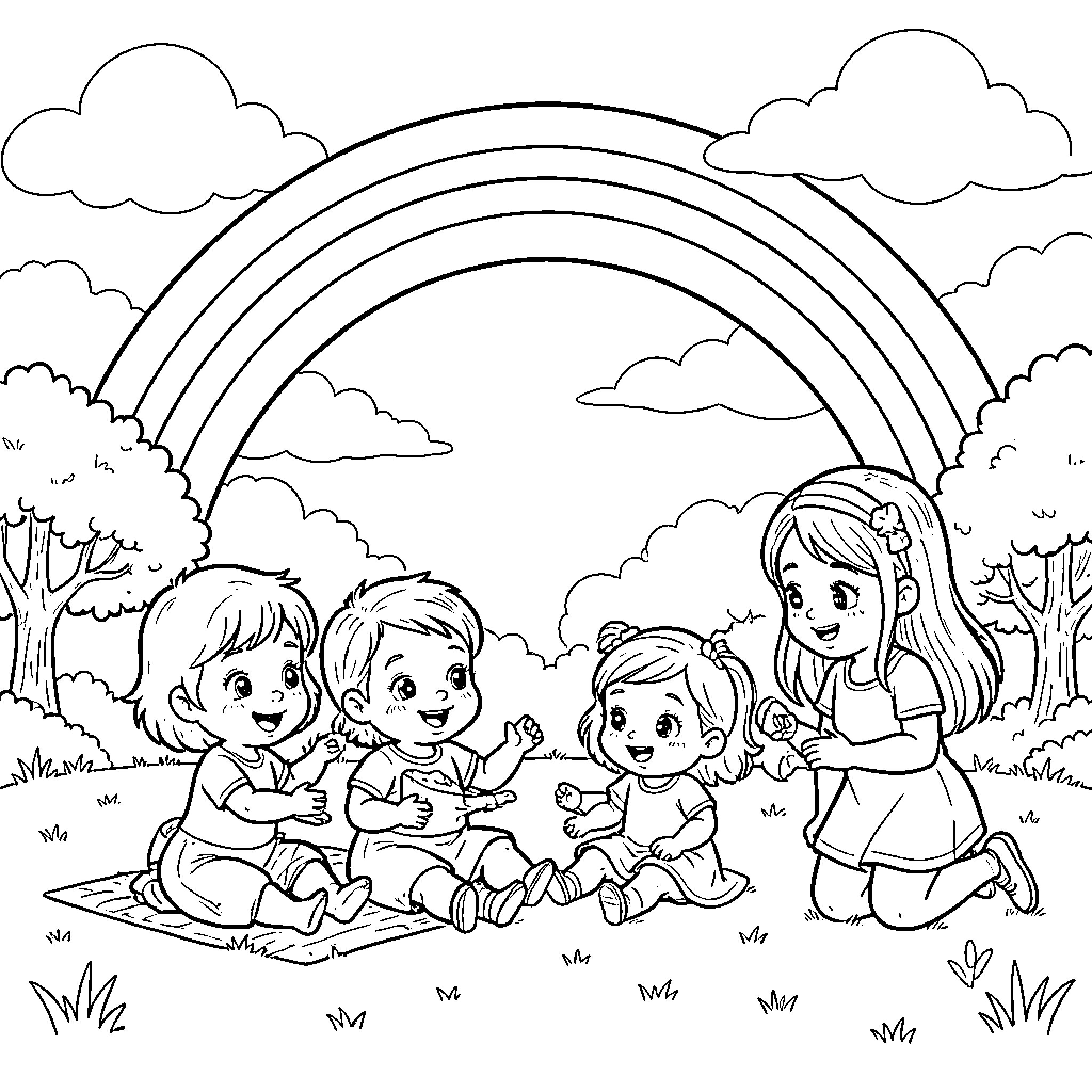Baby children playing joyfully under a large rainbow Coloring Page (free black-and-white line drawing printable PDF for all, from beginners to advanced learners, including children, teens, adults, and seniors)