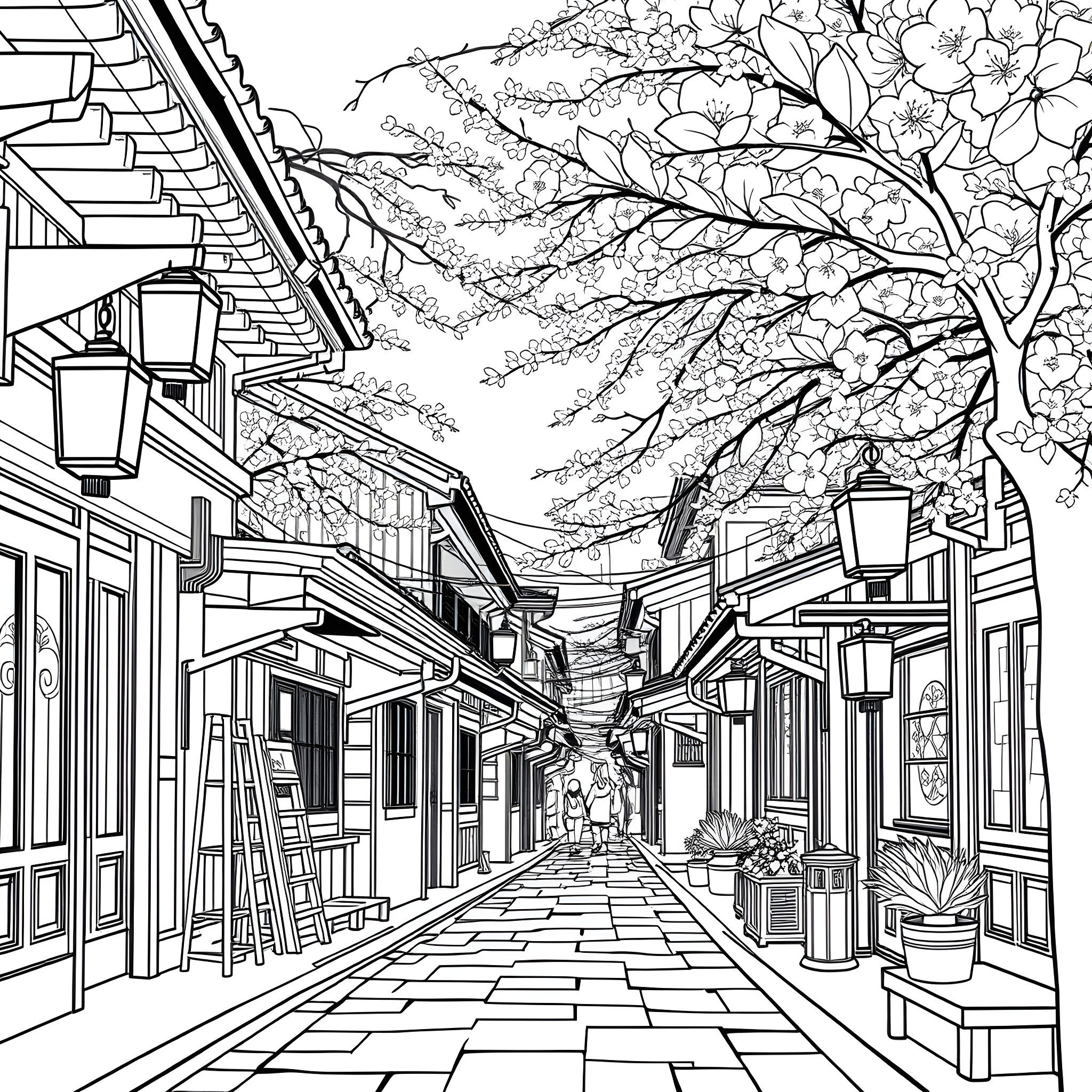 Alley with Blooming Trees in a Traditional Japanese Town Coloring Page (free black-and-white line drawing printable PDF for all, from beginners to advanced learners, including children, teens, adults, and seniors)