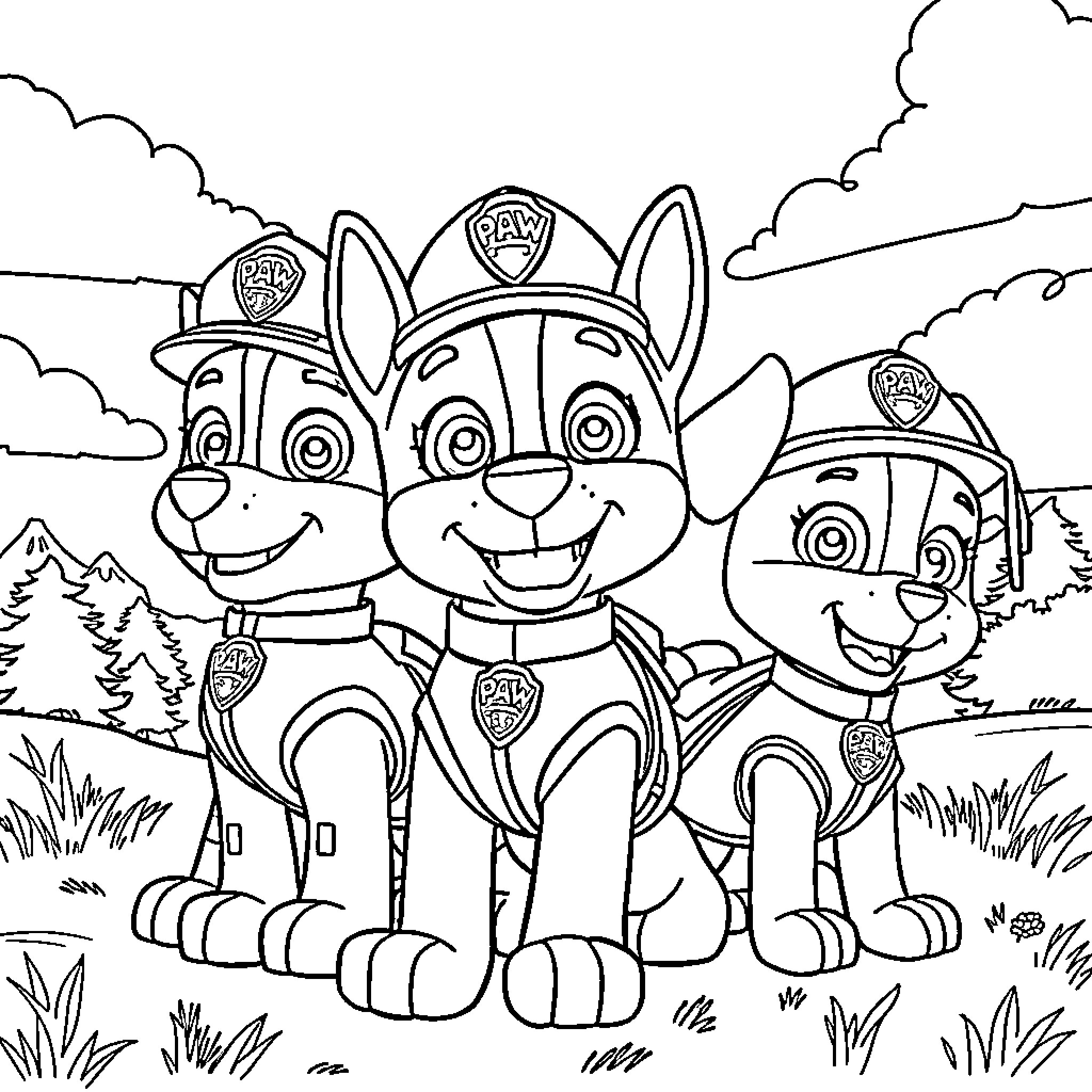 Paw Patrol Pups on a Mission Coloring Page (free black-and-white line drawing printable PDF for all, from beginners to advanced learners, including children, teens, adults, and seniors)