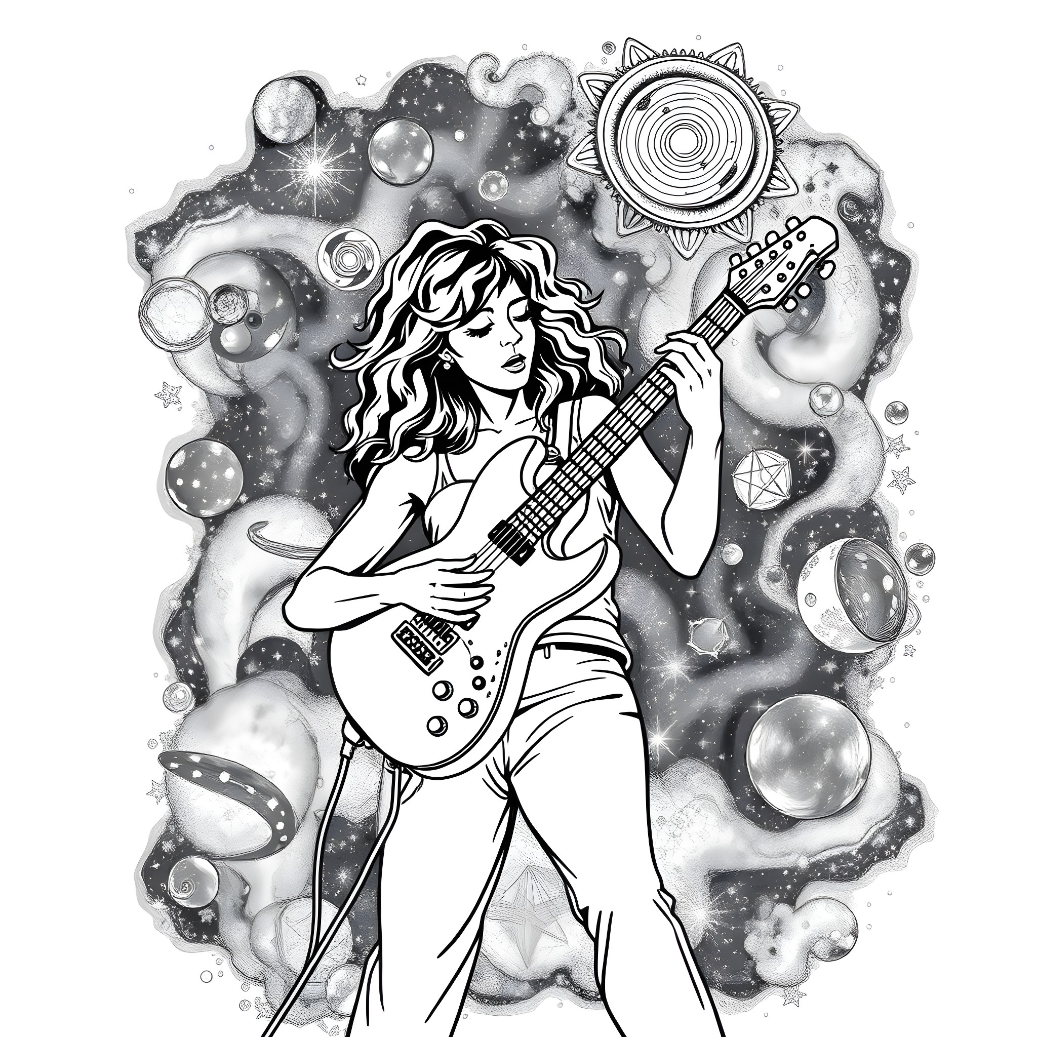 Jackie Venson playing electric guitar in cosmic setting Coloring Page (free black-and-white line drawing printable PDF for all, from beginners to advanced learners, including children, teens, adults, and seniors)