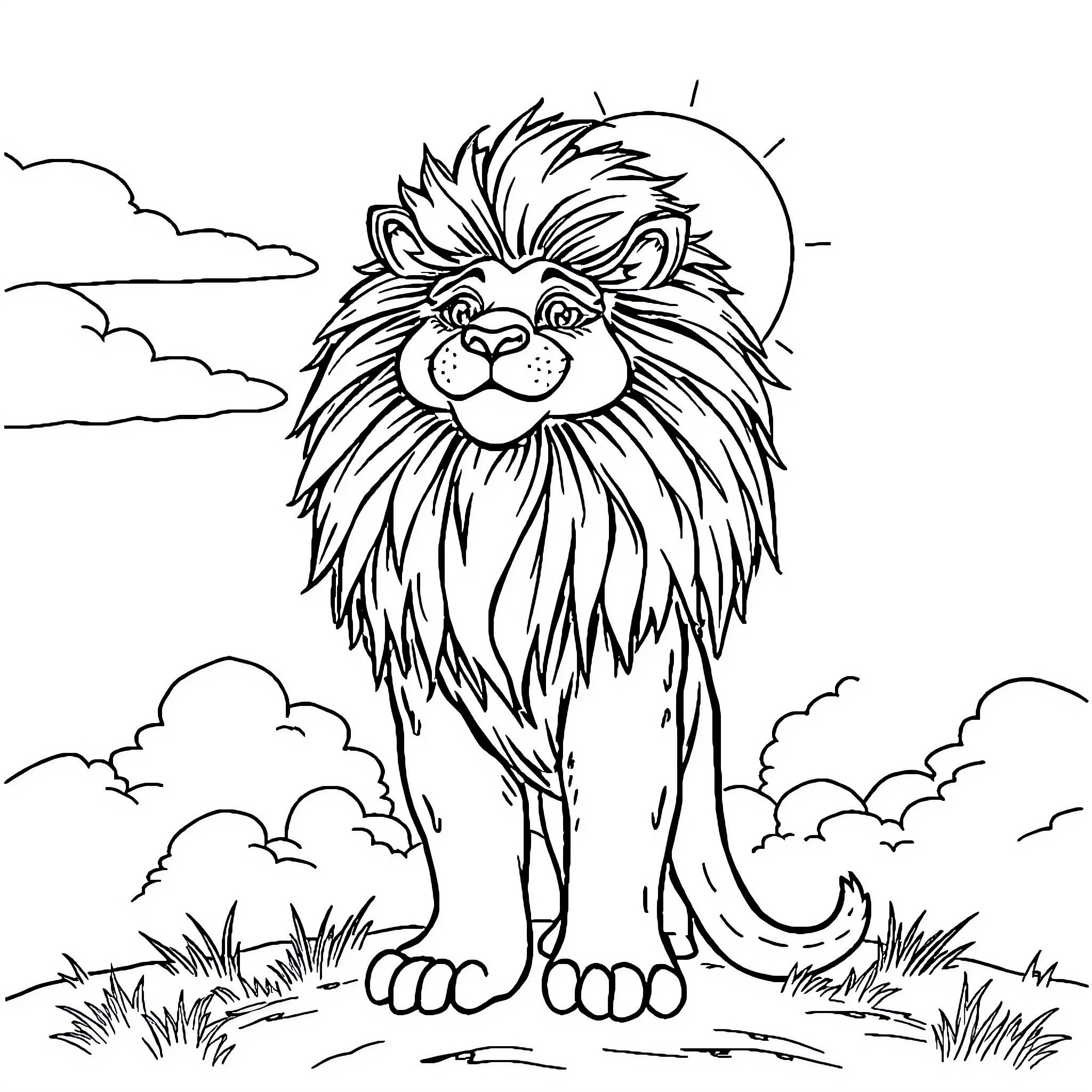 Singa the Lion in a Serene Landscape Coloring Page (free black-and-white line drawing printable PDF for all, from beginners to advanced learners, including children, teens, adults, and seniors)