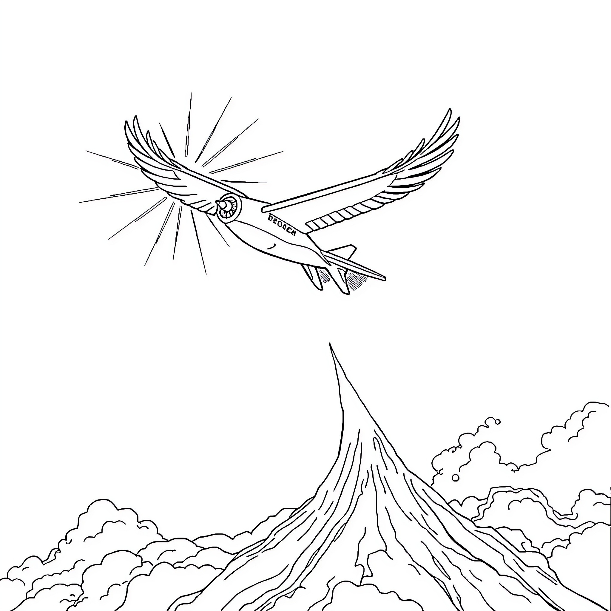 Airplane soaring above majestic mountains Coloring Page (free black-and-white line drawing printable PDF for all, from beginners to advanced learners, including children, teens, adults, and seniors)