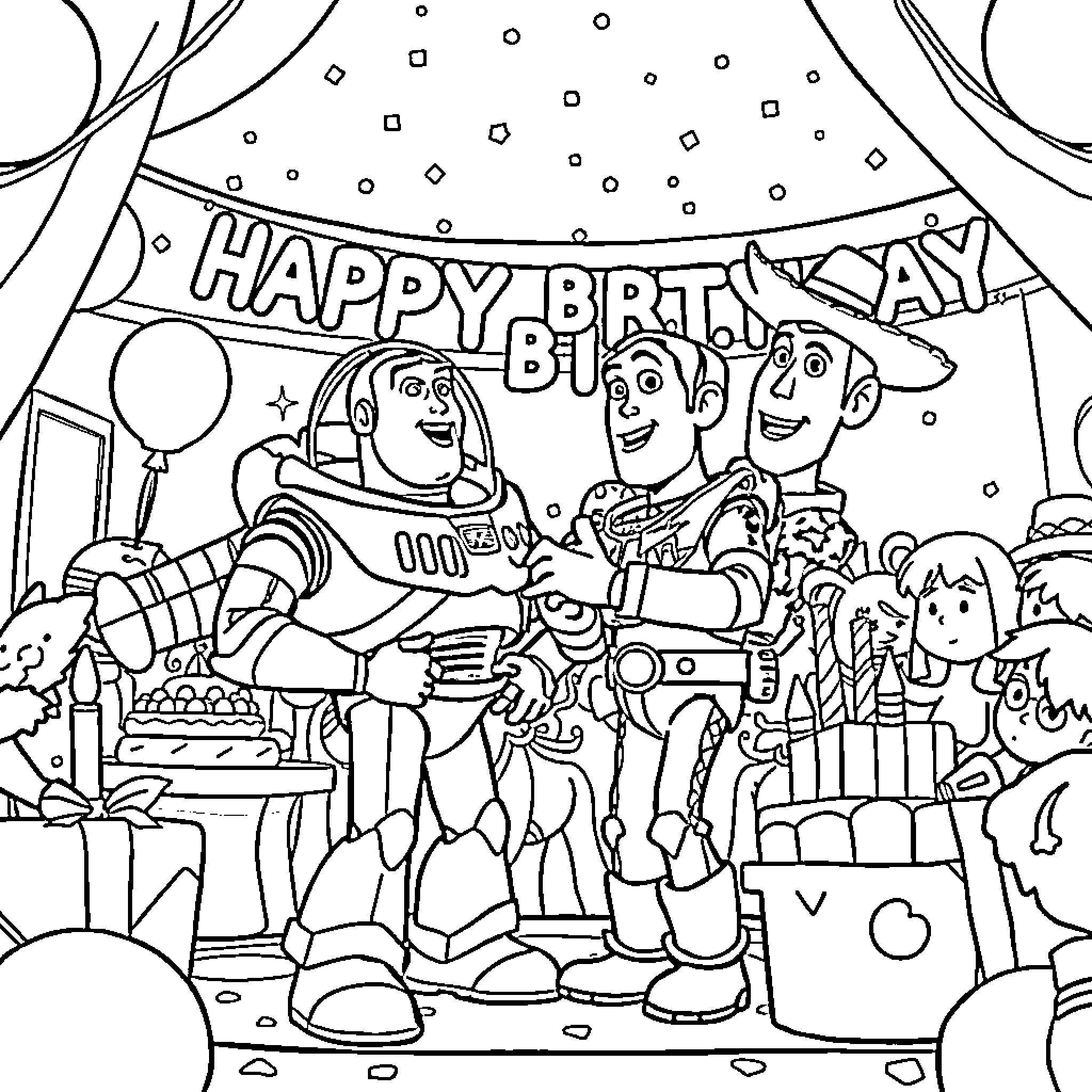 Buzz and Woody celebrate a lively birthday party with friends Coloring Page (free black-and-white line drawing printable PDF for all, from beginners to advanced learners, including children, teens, adults, and seniors)