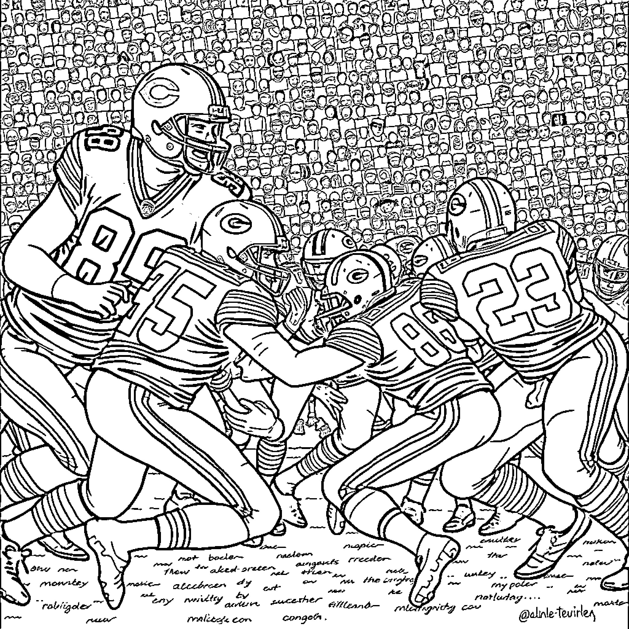 Bear football players in an intense game moment Coloring Page (free black-and-white line drawing printable PDF for all, from beginners to advanced learners, including children, teens, adults, and seniors)