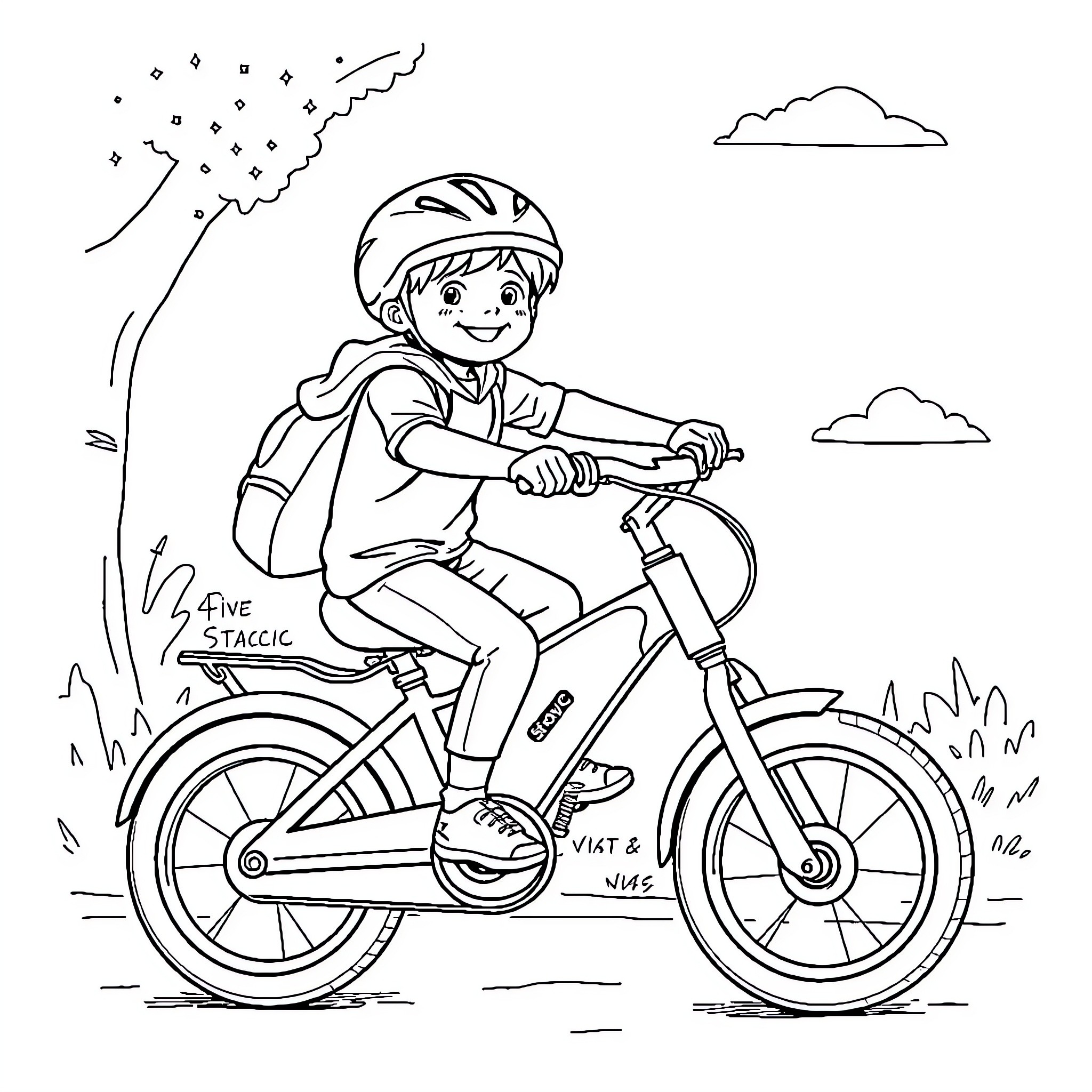 Bicycle ride through the park Coloring Page (free black-and-white line drawing printable PDF for all, from beginners to advanced learners, including children, teens, adults, and seniors)