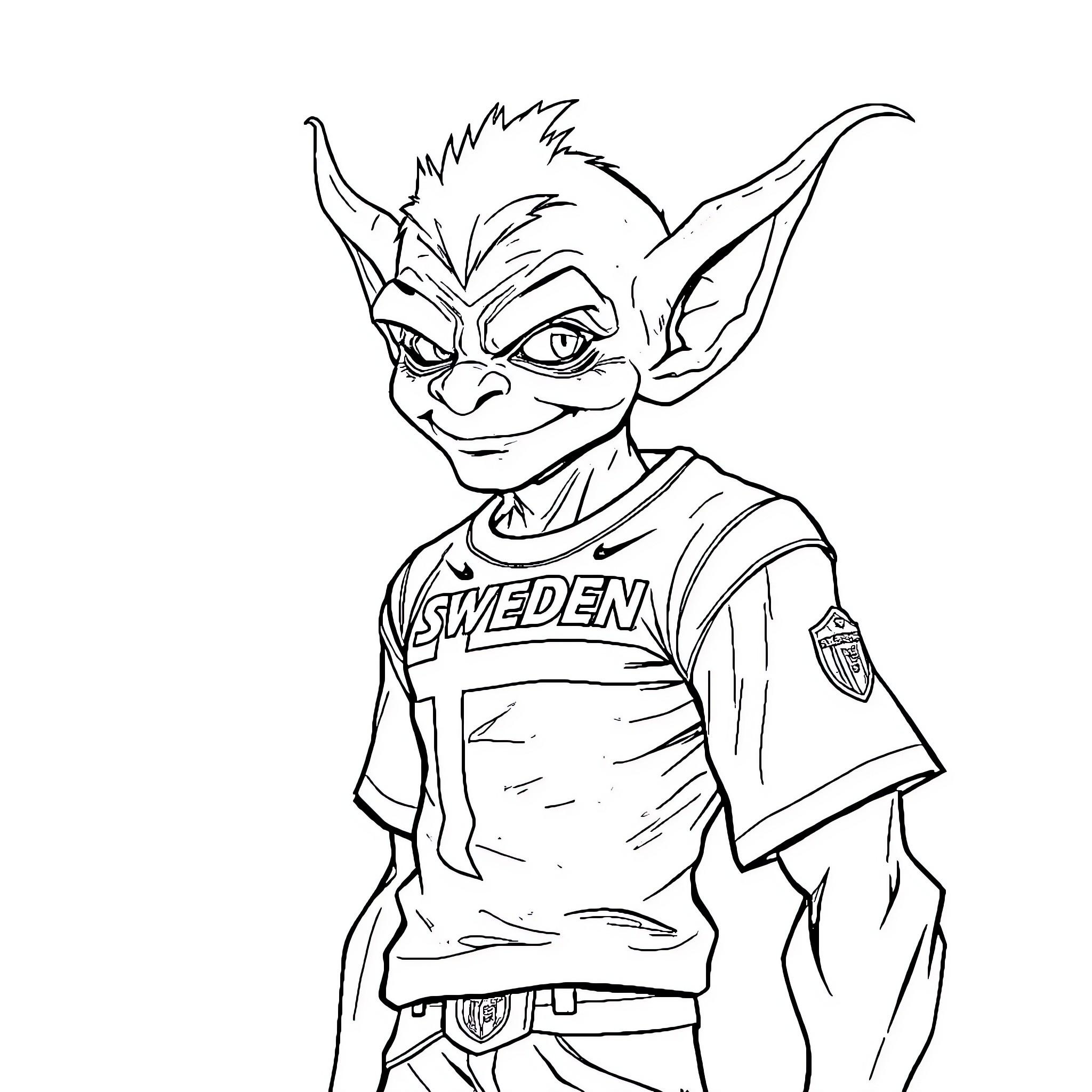 Goblin wearing Sweden jersey with mischievous expression Coloring Page (free black-and-white line drawing printable PDF for all, from beginners to advanced learners, including children, teens, adults, and seniors)