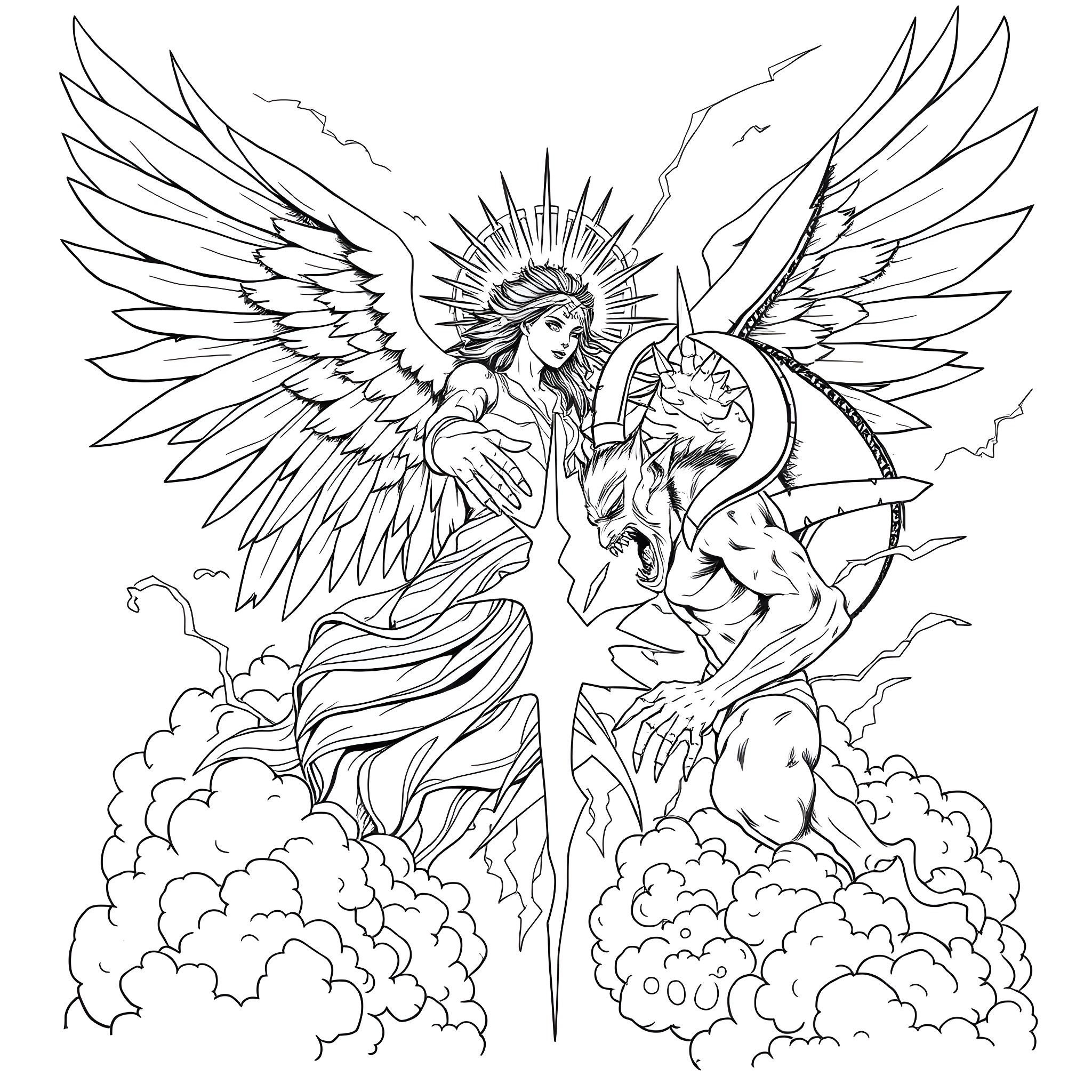 Angel Triumphantly Vanquishing Demons in the Heavens Coloring Page (free black-and-white line drawing printable PDF for all, from beginners to advanced learners, including children, teens, adults, and seniors)