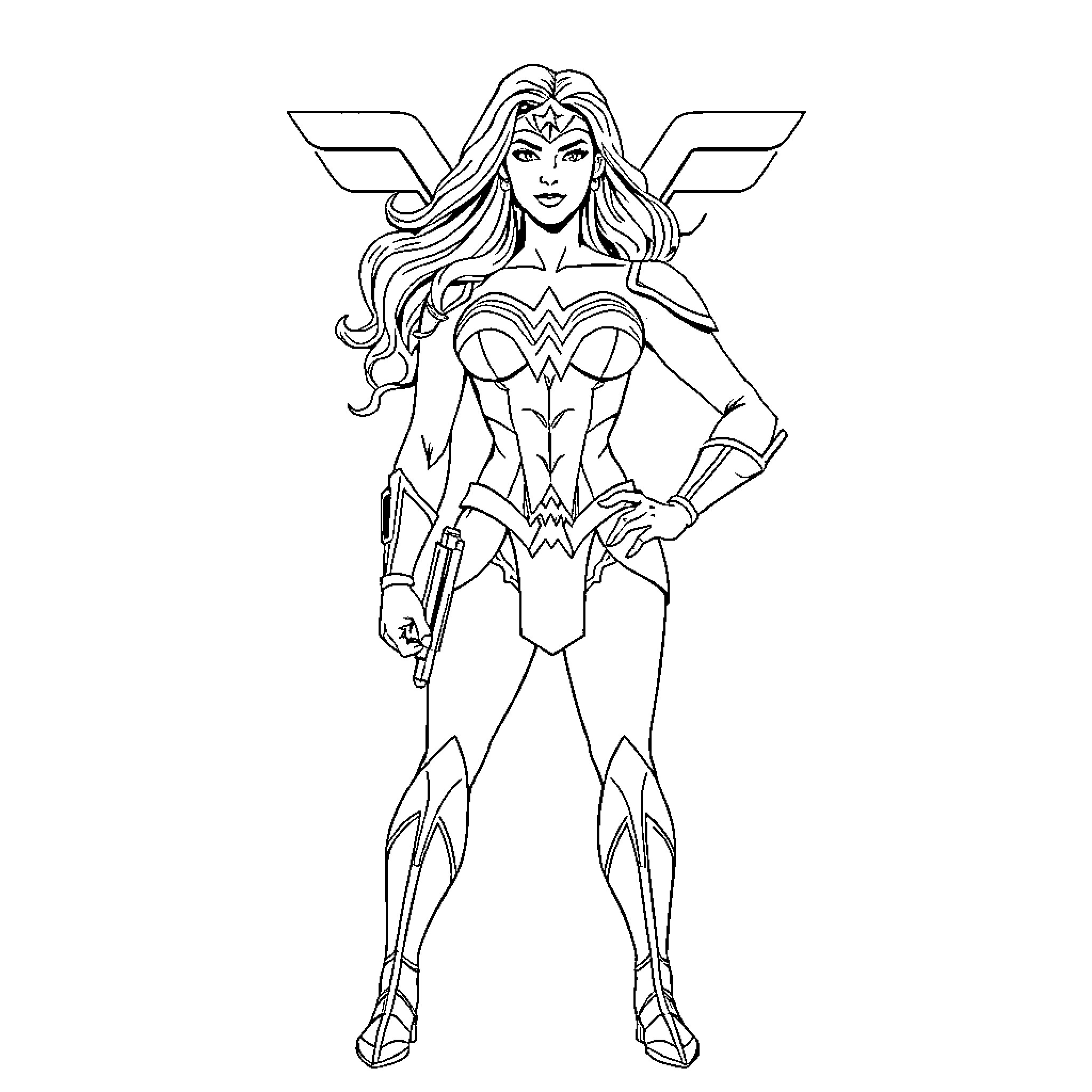 Wonder Woman in heroic action pose Coloring Page (free black-and-white line drawing printable PDF for all, from beginners to advanced learners, including children, teens, adults, and seniors)