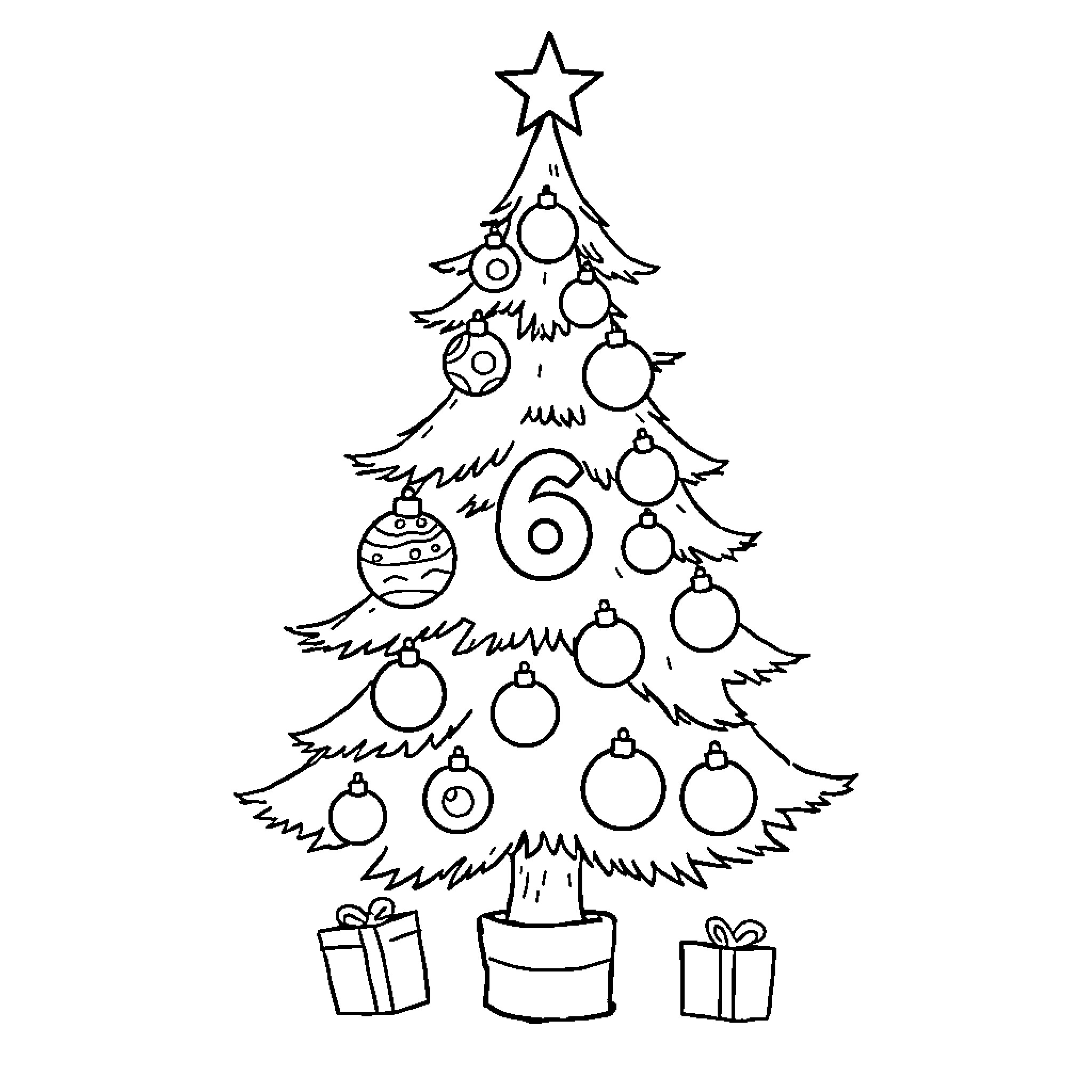 Christmas Tree with Ornaments and Gifts Coloring Page (free black-and-white line drawing printable PDF for all, from beginners to advanced learners, including children, teens, adults, and seniors)