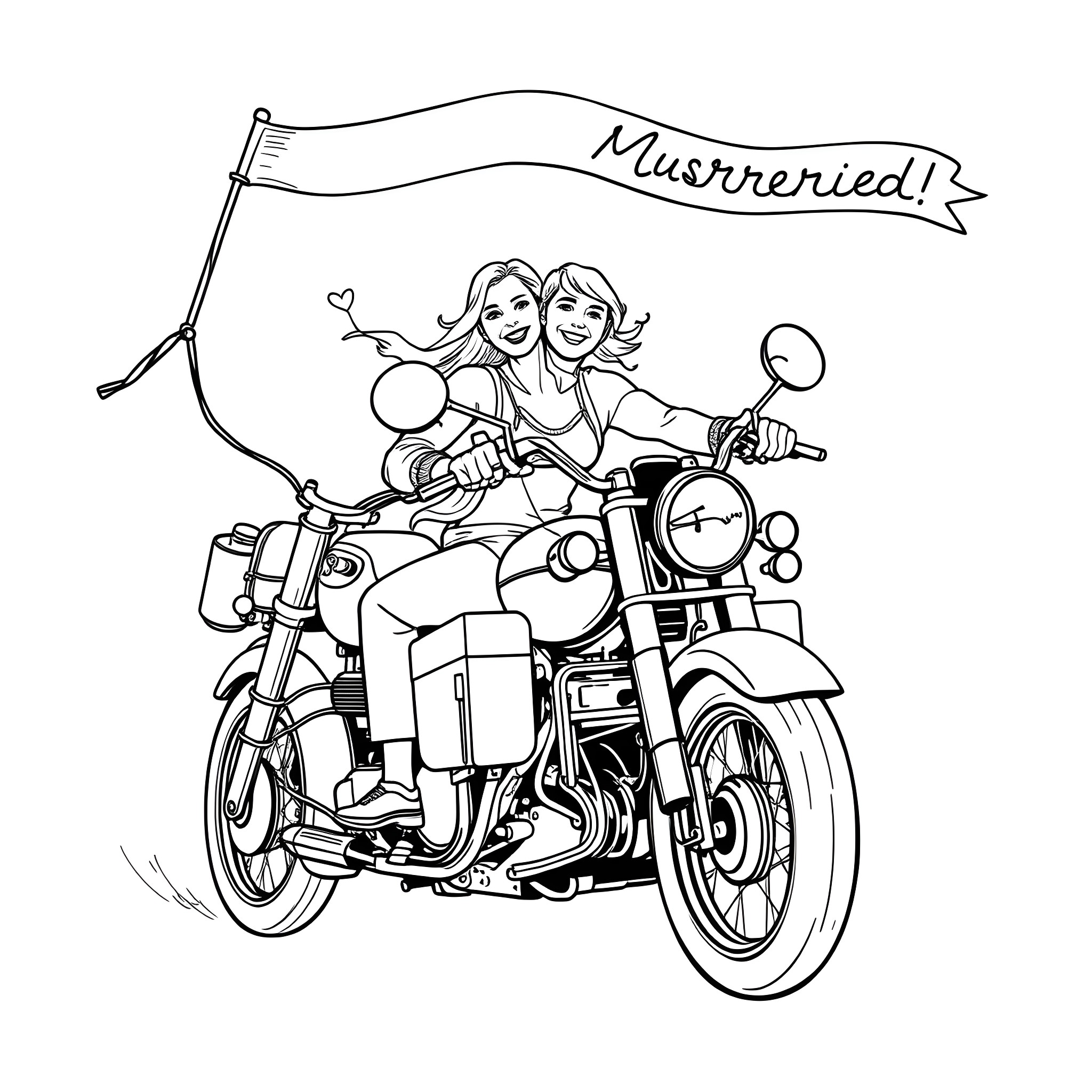 Motorcycle ride with happy newlyweds Coloring Page (free black-and-white line drawing printable PDF for all, from beginners to advanced learners, including children, teens, adults, and seniors)