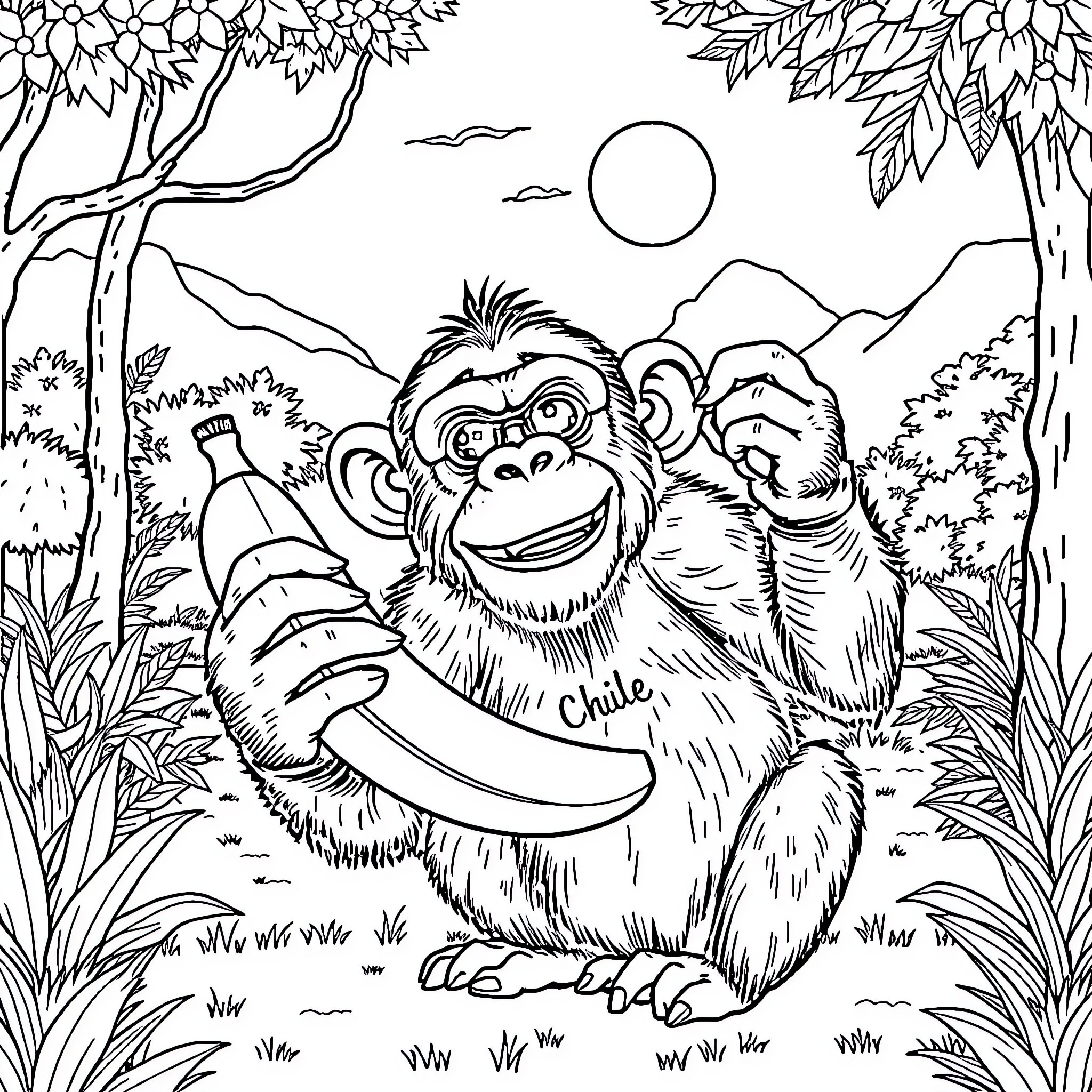 Chimpanzee playfully enjoying nature and drink Coloring Page (free black-and-white line drawing printable PDF for all, from beginners to advanced learners, including children, teens, adults, and seniors)