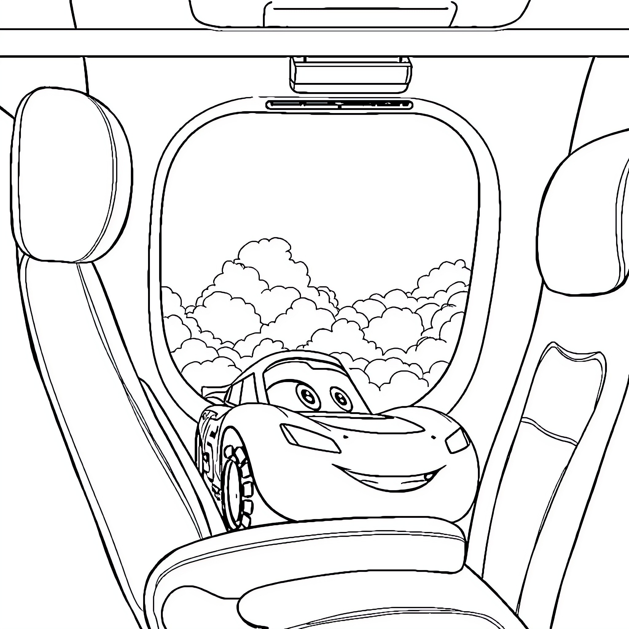 Lightning McQueen having a cheerful road trip Coloring Page (free black-and-white line drawing printable PDF for all, from beginners to advanced learners, including children, teens, adults, and seniors)
