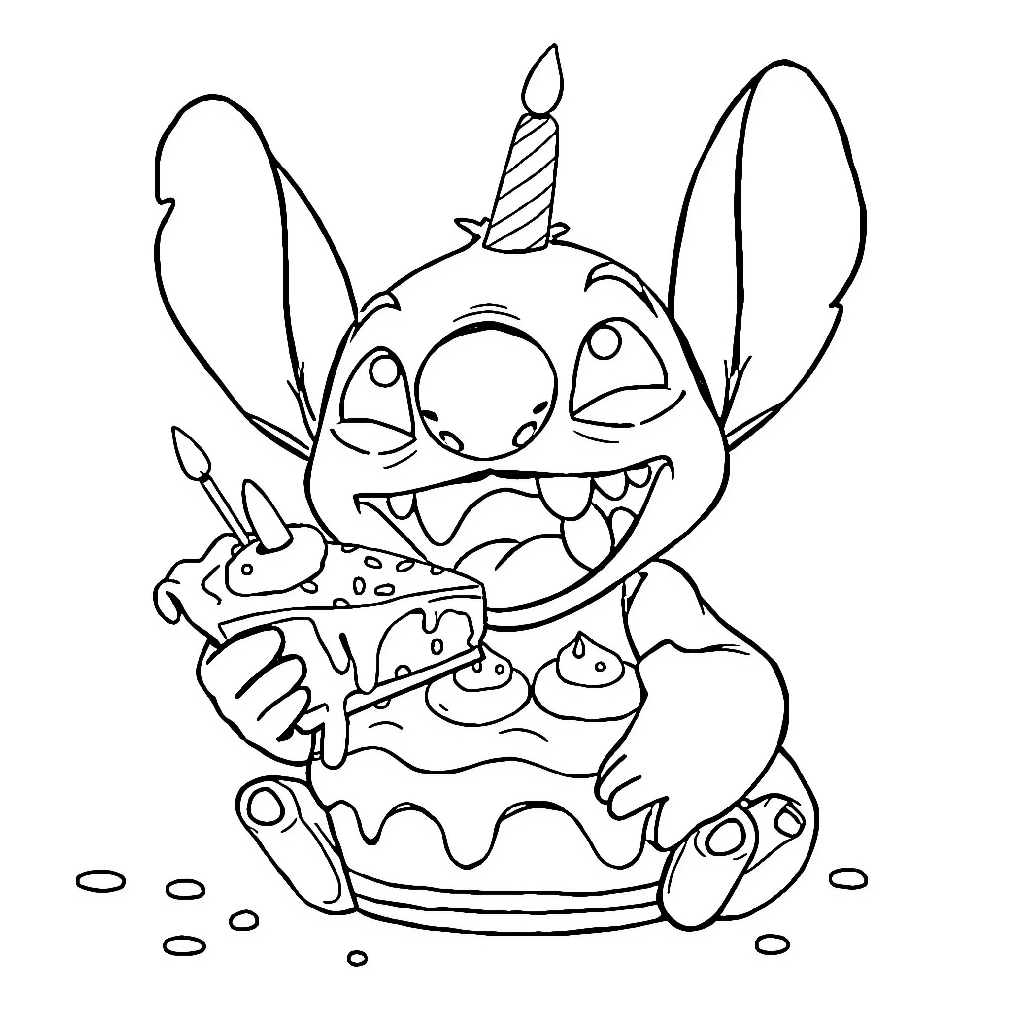 Stitch celebrating birthday with cake and candle Coloring Page (free black-and-white line drawing printable PDF for all, from beginners to advanced learners, including children, teens, adults, and seniors)
