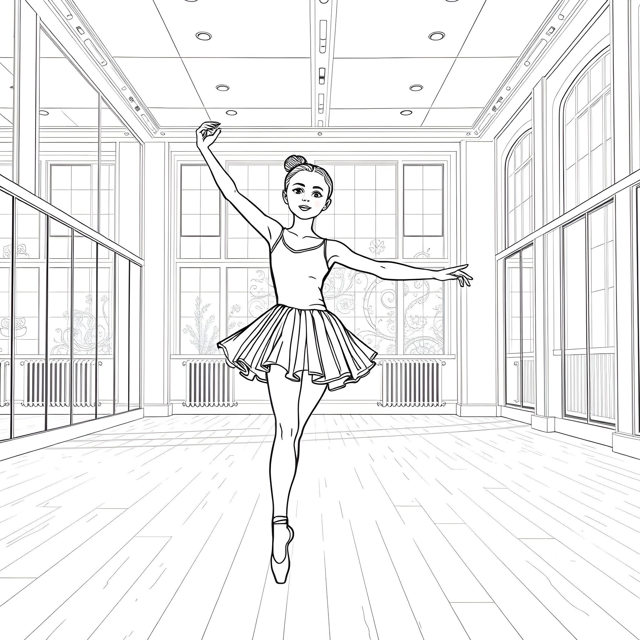 Ballet Dancer Performing in Studio Coloring Page (free black-and-white line drawing printable PDF for all, from beginners to advanced learners, including children, teens, adults, and seniors)