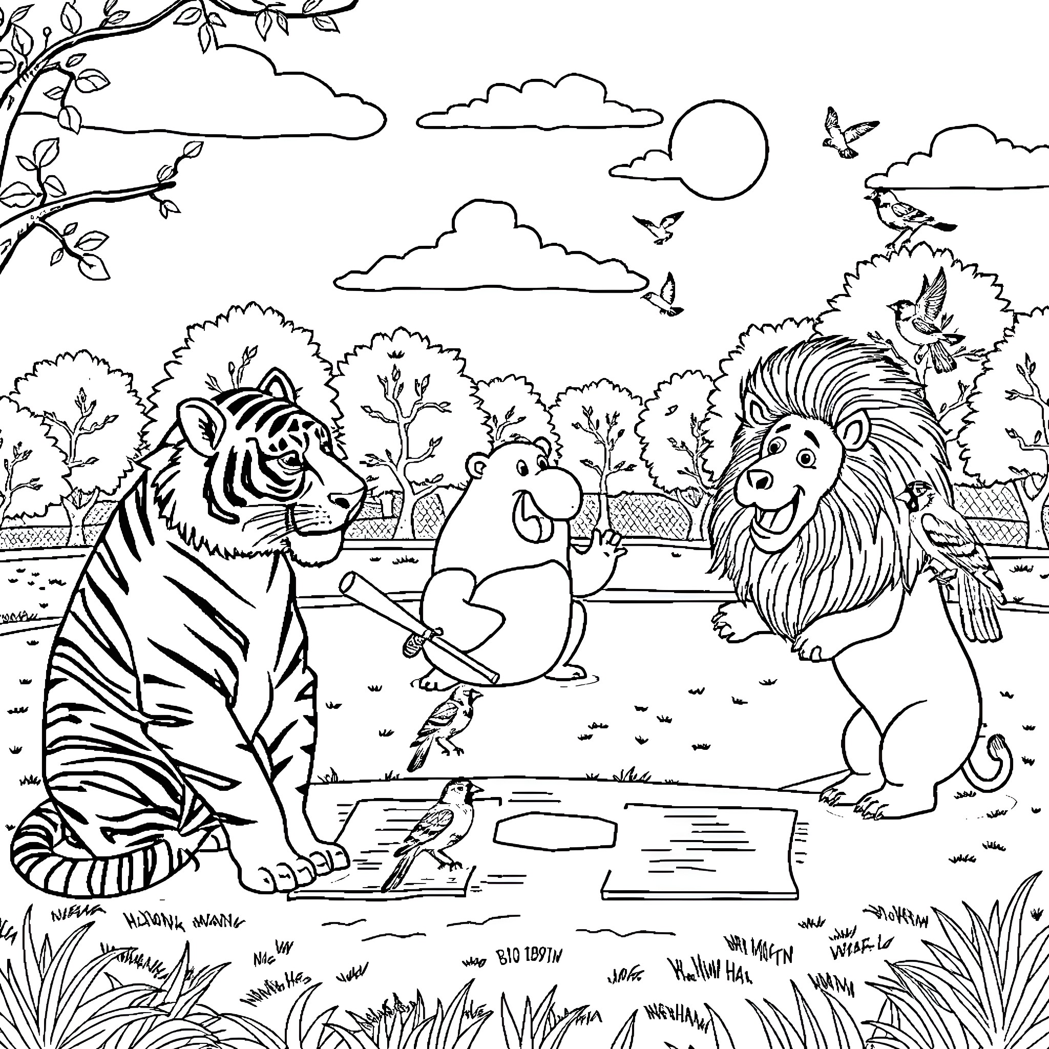Tiger, Lion, and Elephant in a Scenic Landscape Coloring Page (free black-and-white line drawing printable PDF for all, from beginners to advanced learners, including children, teens, adults, and seniors)