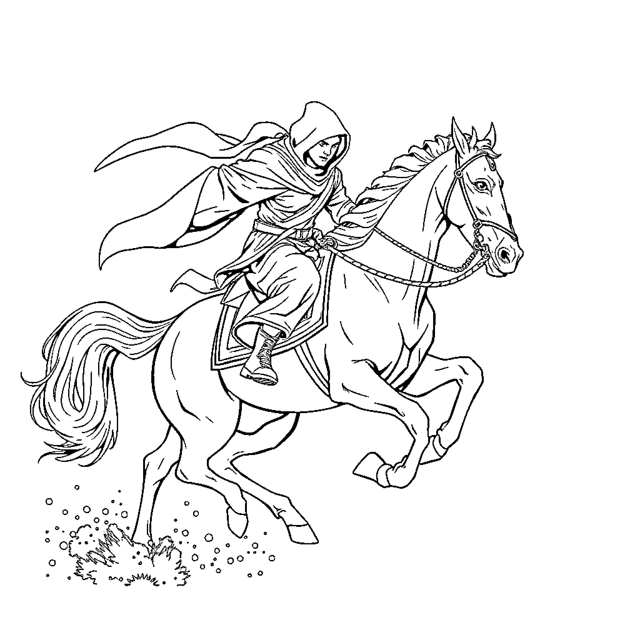 Ninja warrior riding a galloping horse Coloring Page (free black-and-white line drawing printable PDF for all, from beginners to advanced learners, including children, teens, adults, and seniors)