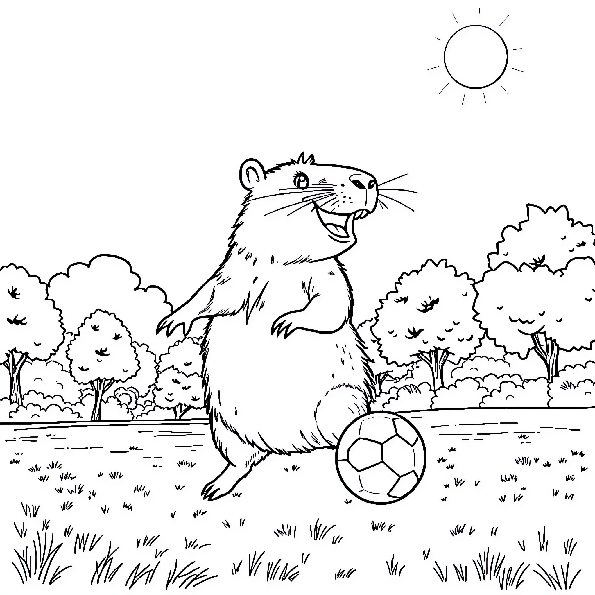 Capybara playing happily with a soccer ball in the park Coloring Page (free black-and-white line drawing printable PDF for all, from beginners to advanced learners, including children, teens, adults, and seniors)