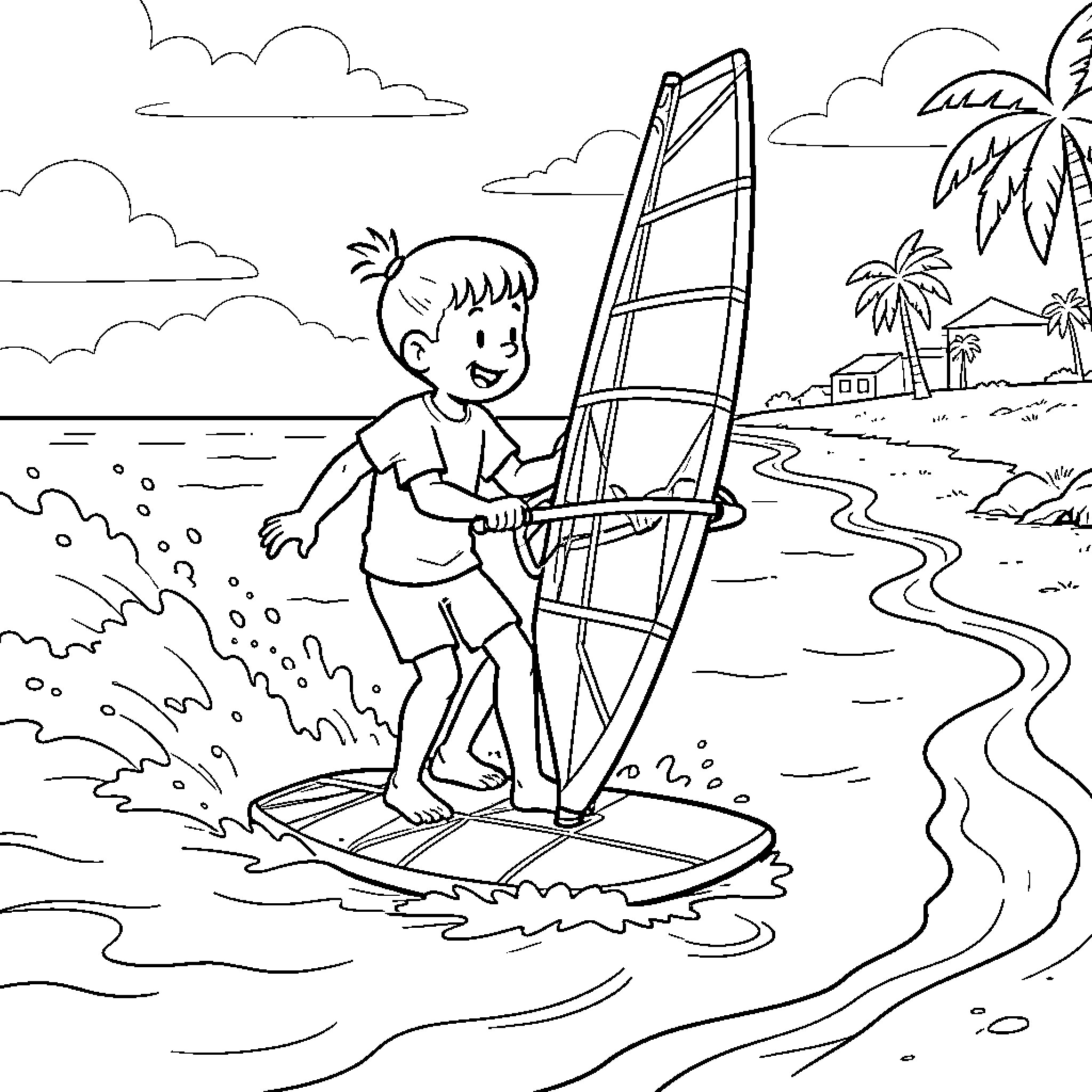 Tintin windsurfing joyfully on the ocean waves Coloring Page (free black-and-white line drawing printable PDF for all, from beginners to advanced learners, including children, teens, adults, and seniors)