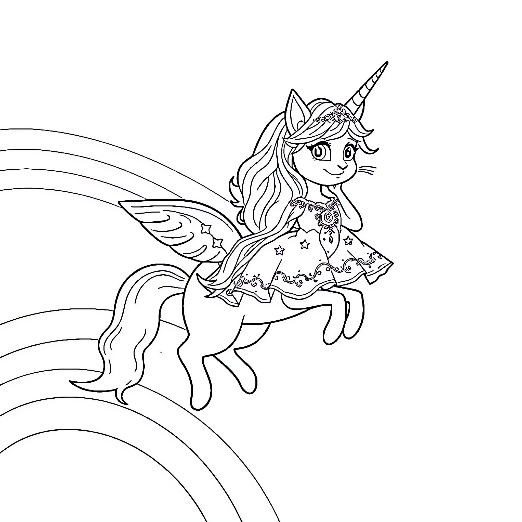 Cat unicorn with rainbow Coloring Page (free black-and-white line drawing printable PDF for all, from beginners to advanced learners, including children, teens, adults, and seniors)