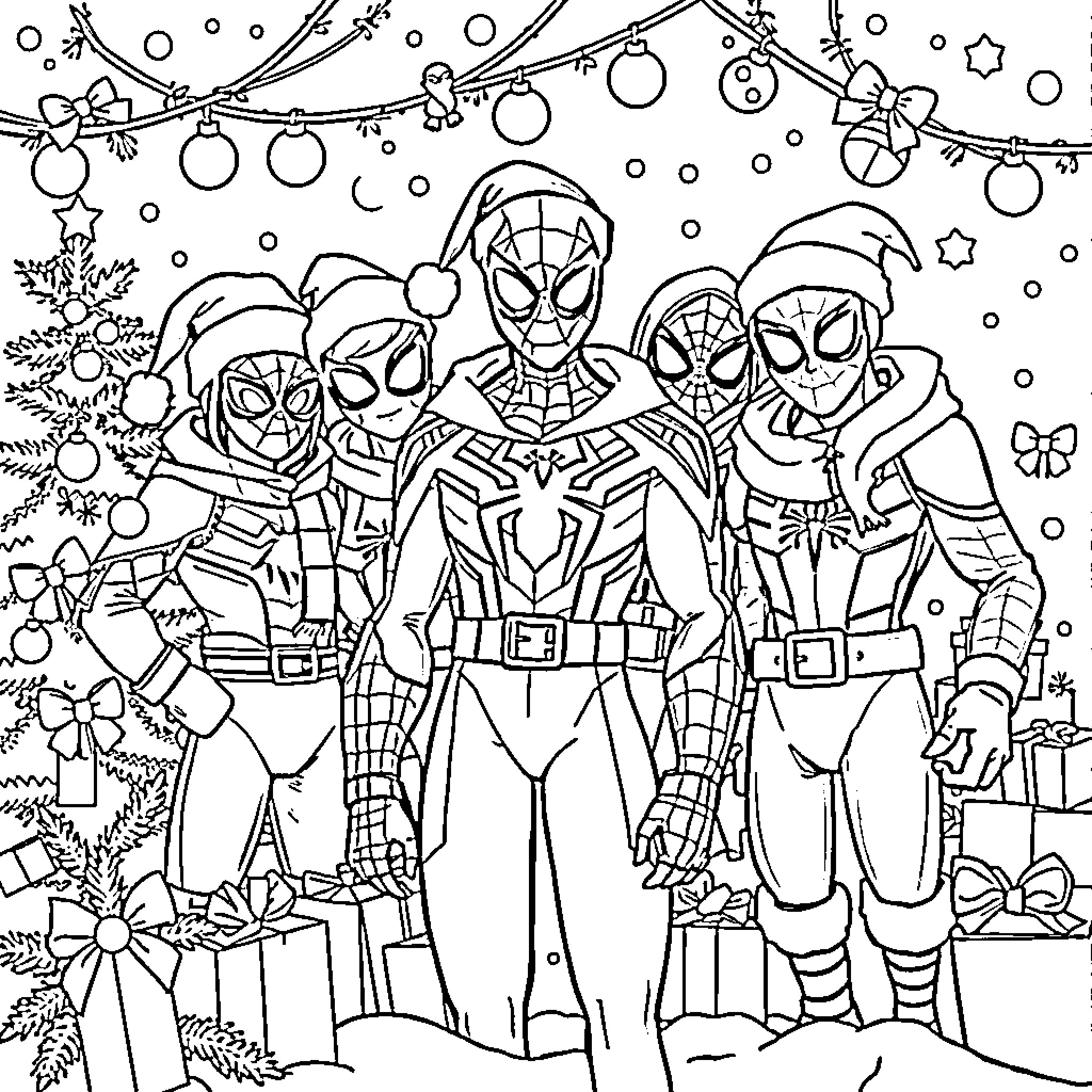 Spiderman and friends celebrate the holidays together Coloring Page (free black-and-white line drawing printable PDF for all, from beginners to advanced learners, including children, teens, adults, and seniors)