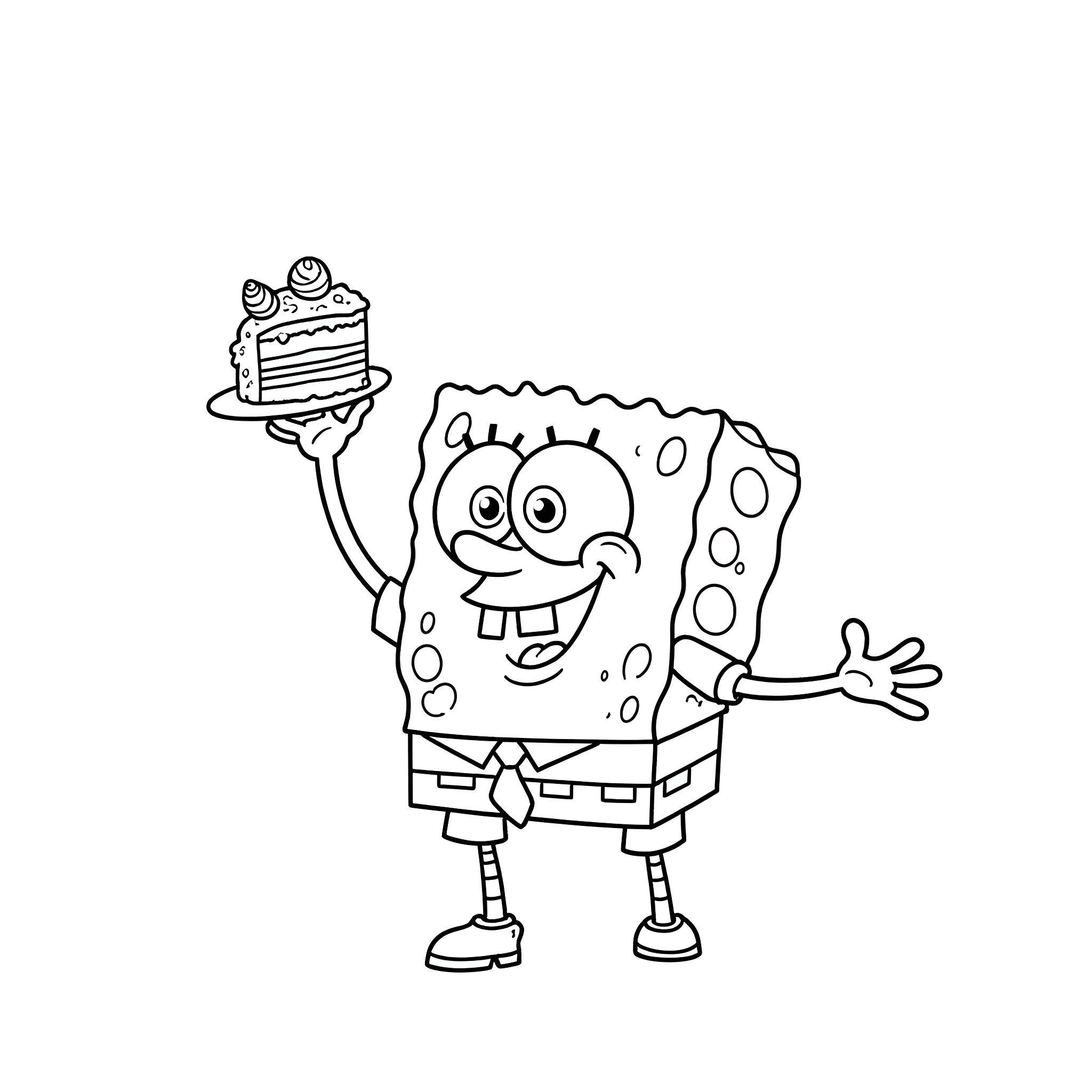 Spongebob holding a cake with joy Coloring Page (free black-and-white line drawing printable PDF for all, from beginners to advanced learners, including children, teens, adults, and seniors)