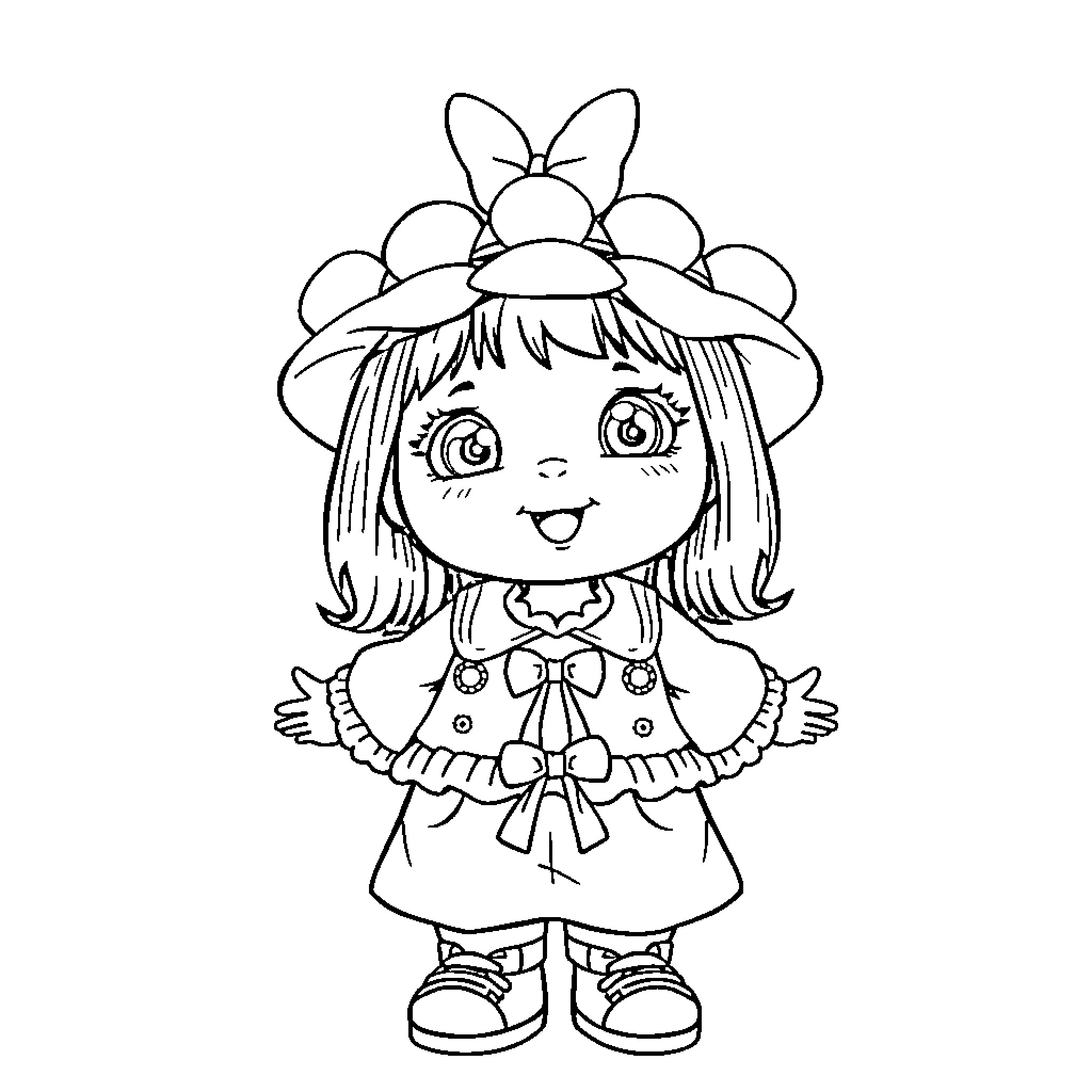 Cabbage Patch Kid girl in ornate dress and bow Coloring Page (free black-and-white line drawing printable PDF for all, from beginners to advanced learners, including children, teens, adults, and seniors)