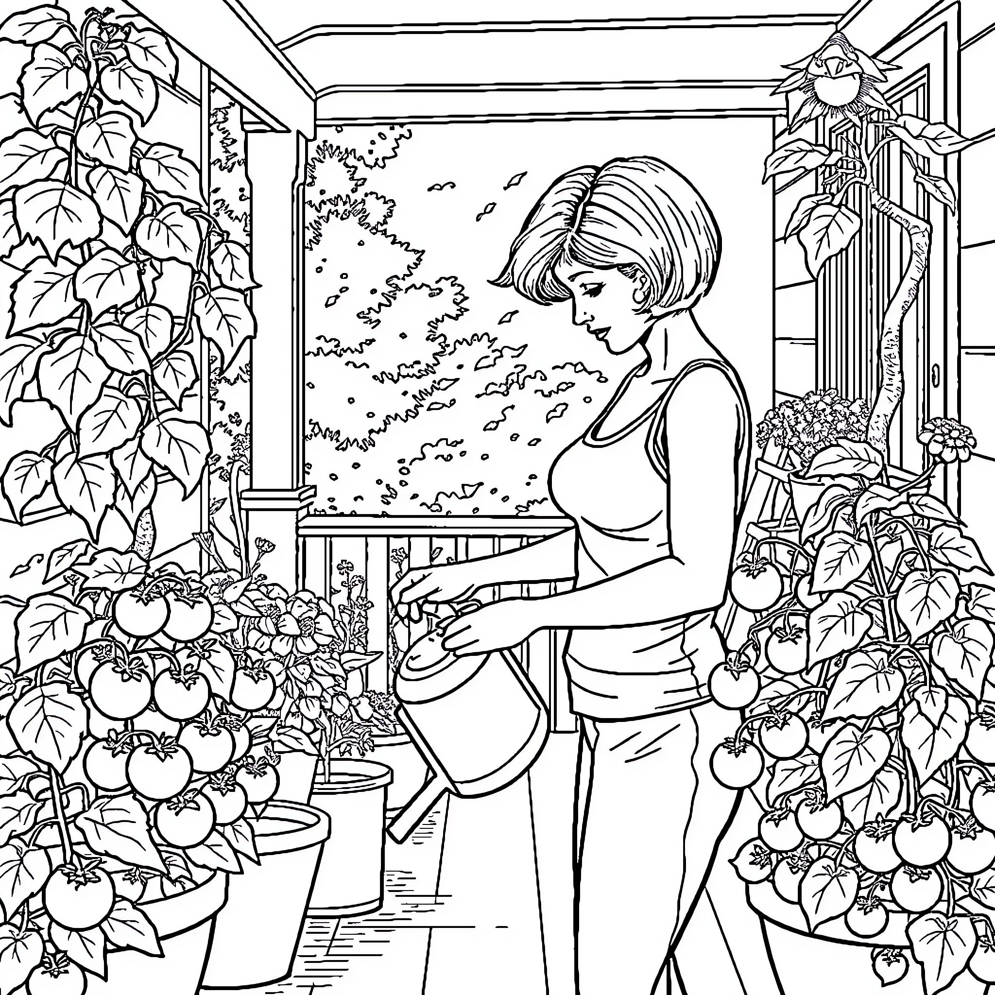 Woman caring for her plants in a greenhouse Coloring Page (free black-and-white line drawing printable PDF for all, from beginners to advanced learners, including children, teens, adults, and seniors)