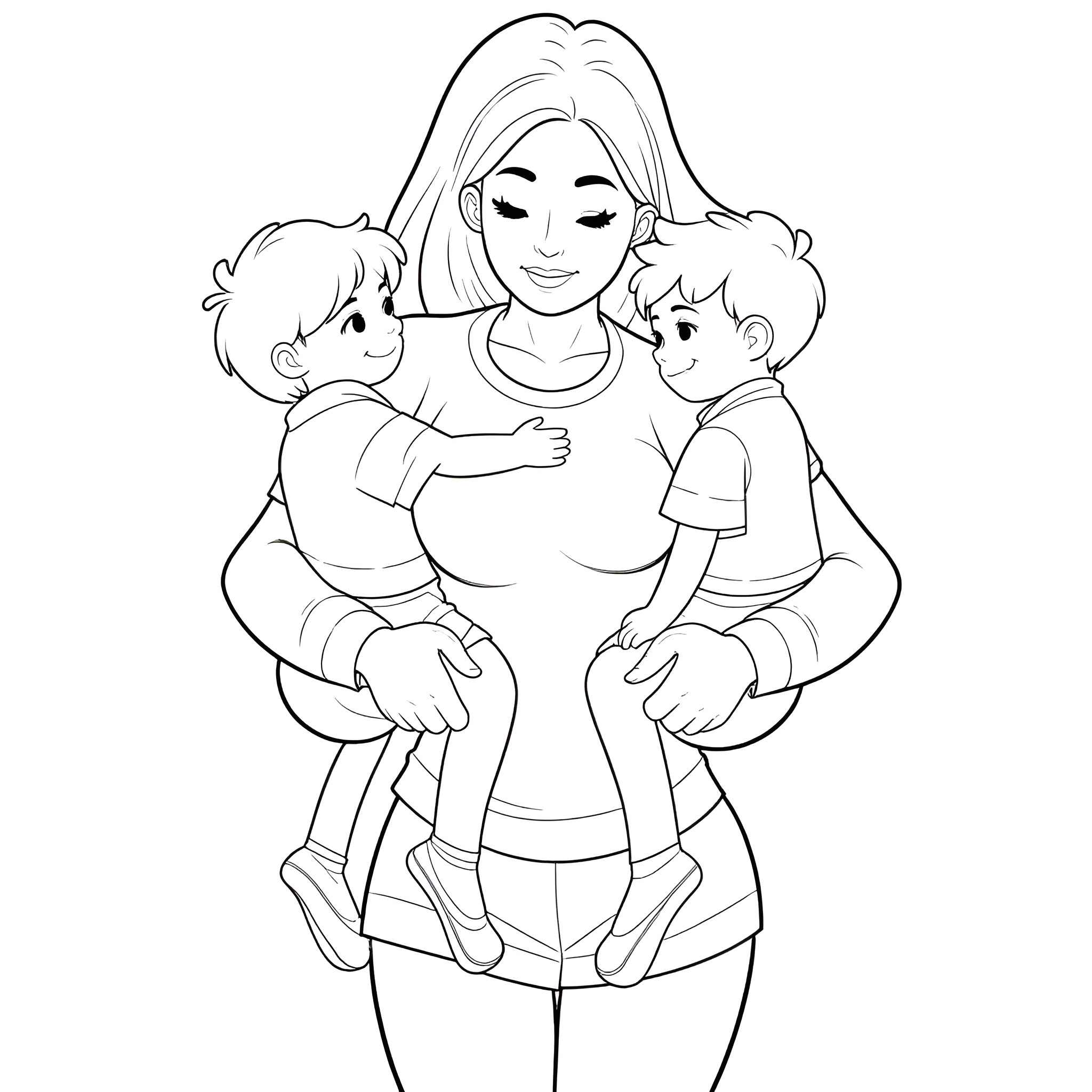 Mother embracing children with affection Coloring Page (free black-and-white line drawing printable PDF for all, from beginners to advanced learners, including children, teens, adults, and seniors)
