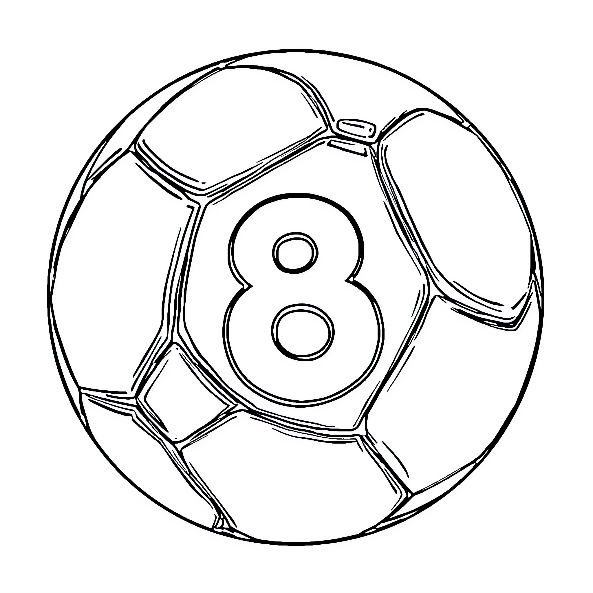 Soccer Ball with Number Eight Coloring Page (free black-and-white line drawing printable PDF for all, from beginners to advanced learners, including children, teens, adults, and seniors)