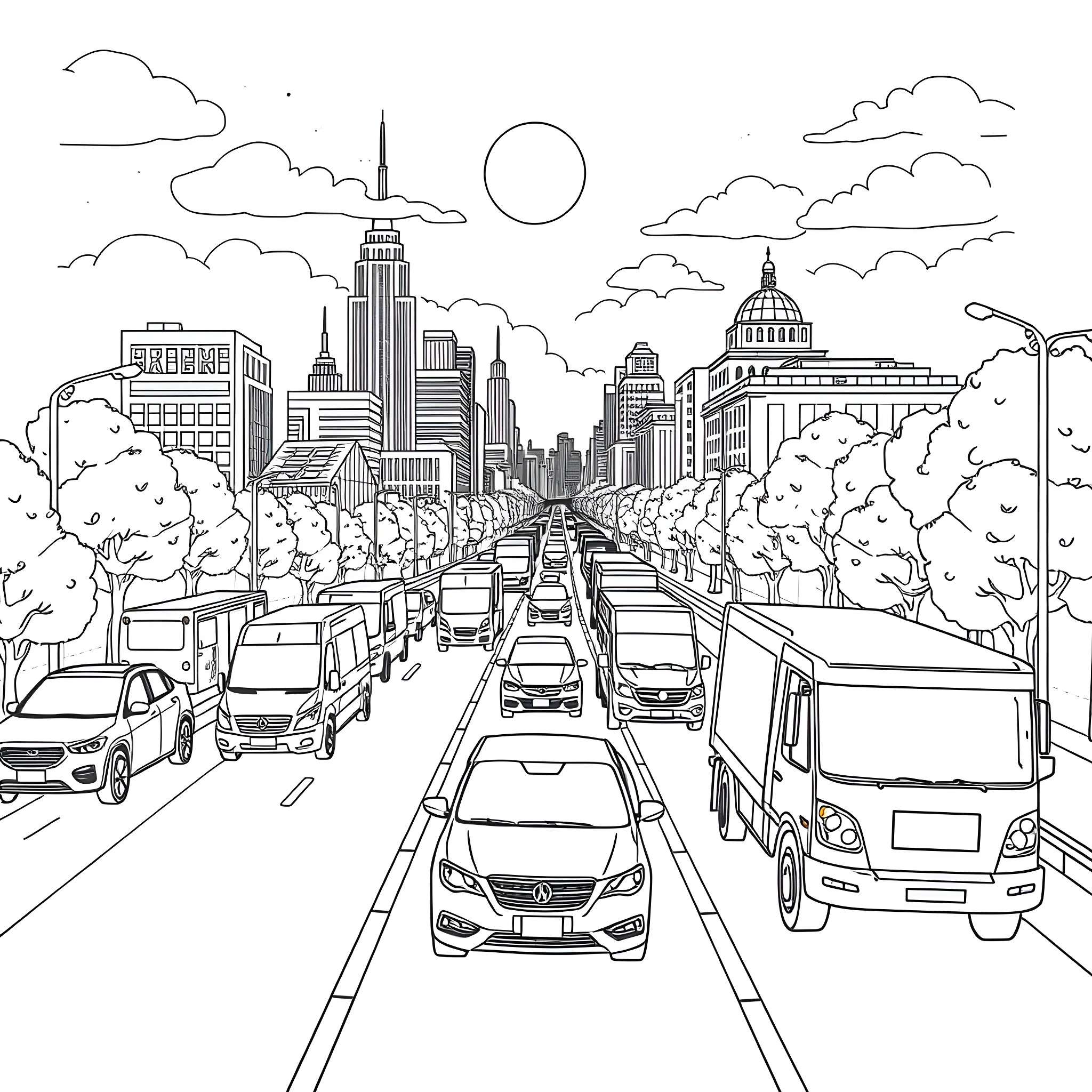 Car Traffic on a Busy City Street Coloring Page (free black-and-white line drawing printable PDF for all, from beginners to advanced learners, including children, teens, adults, and seniors)