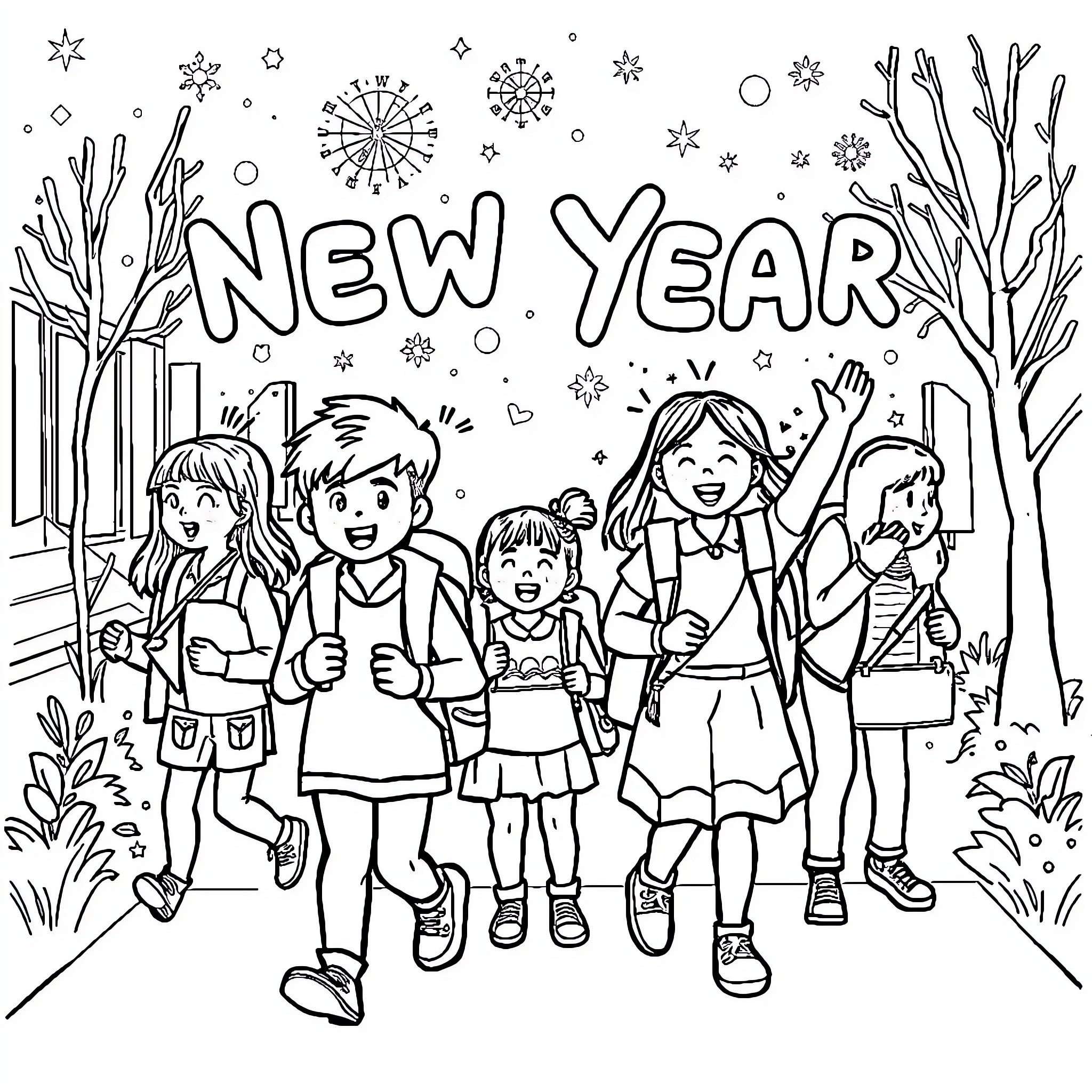 Back to School Celebration with Friends Coloring Page (free black-and-white line drawing printable PDF for all, from beginners to advanced learners, including children, teens, adults, and seniors)