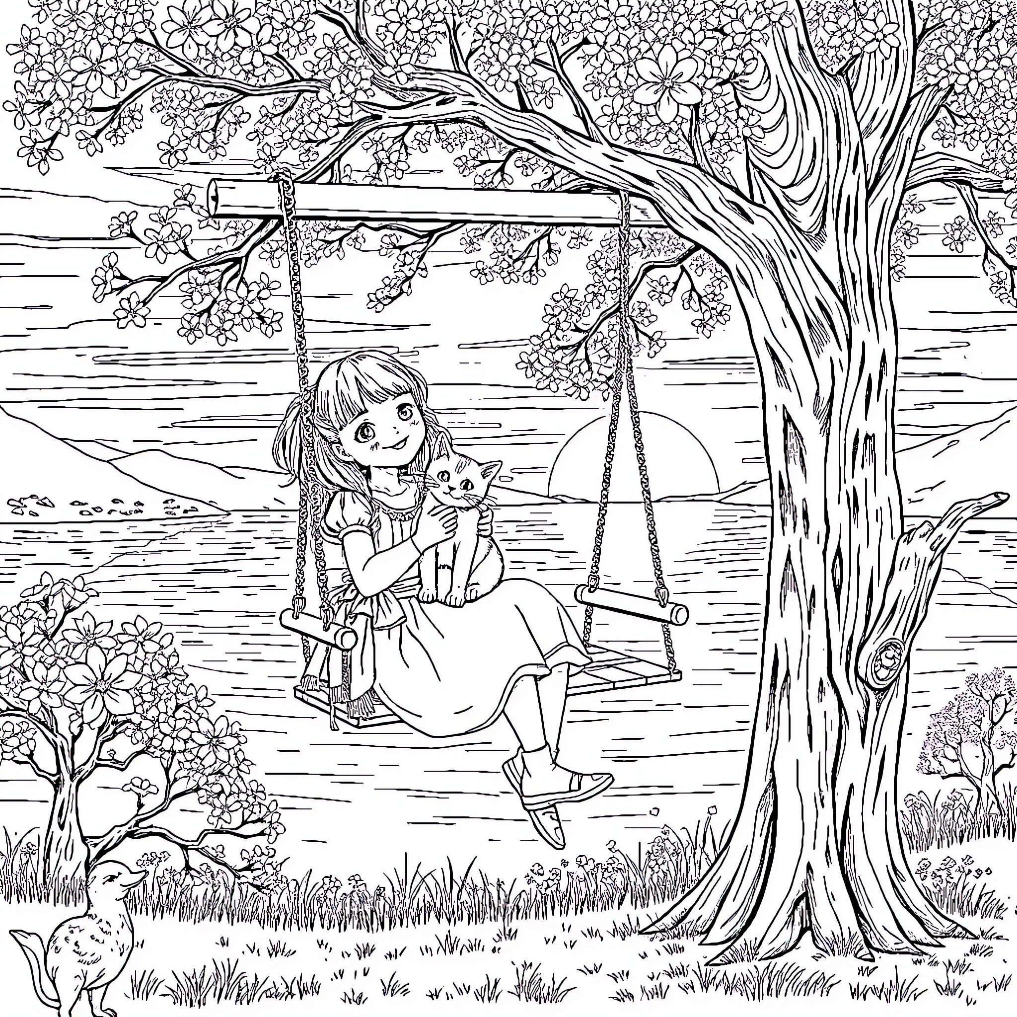 Girl enjoying swing by the riverside Coloring Page (free black-and-white line drawing printable PDF for all, from beginners to advanced learners, including children, teens, adults, and seniors)