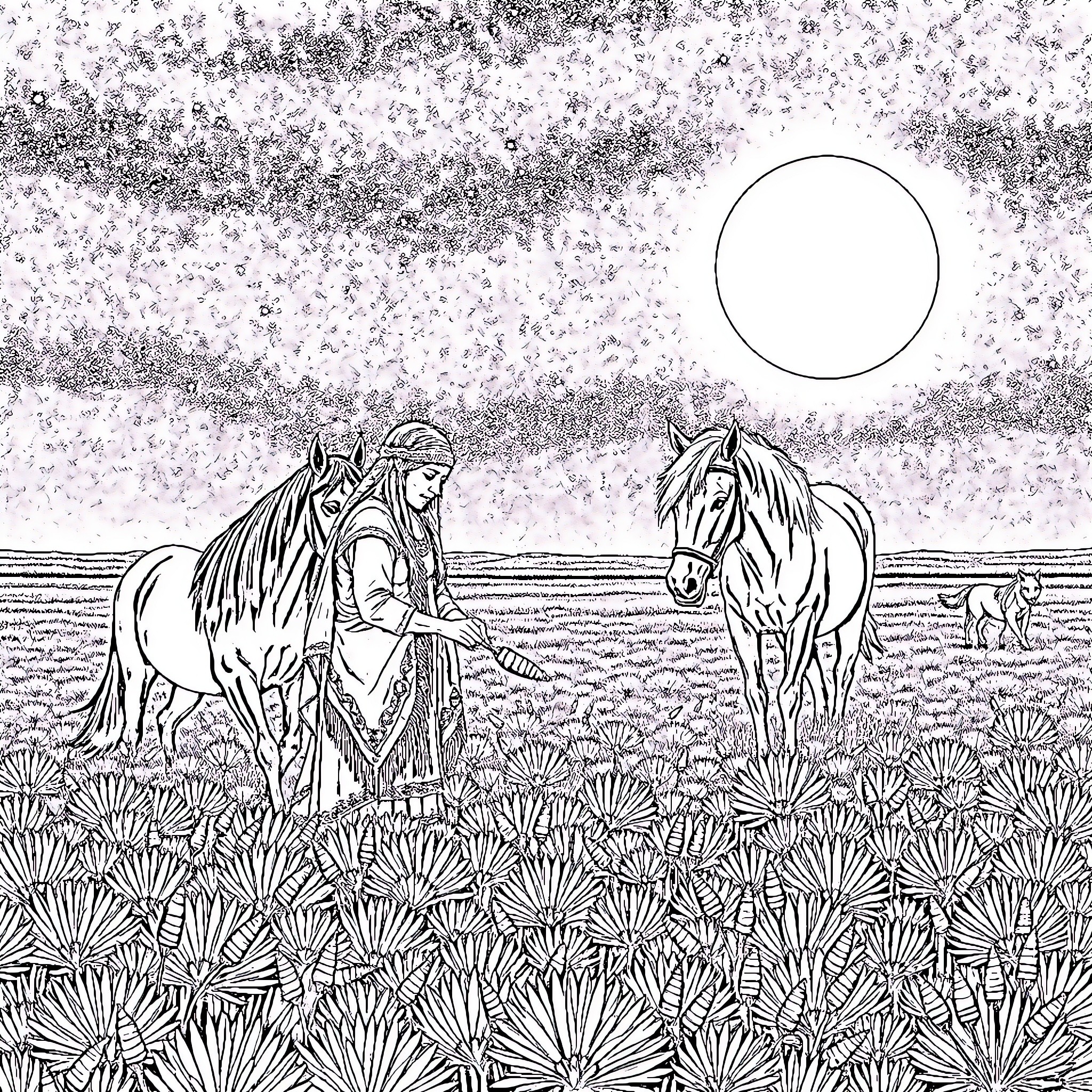 Native American Woman Interacting with Horses in a Moonlit Field Coloring Page (free black-and-white line drawing printable PDF for all, from beginners to advanced learners, including children, teens, adults, and seniors)