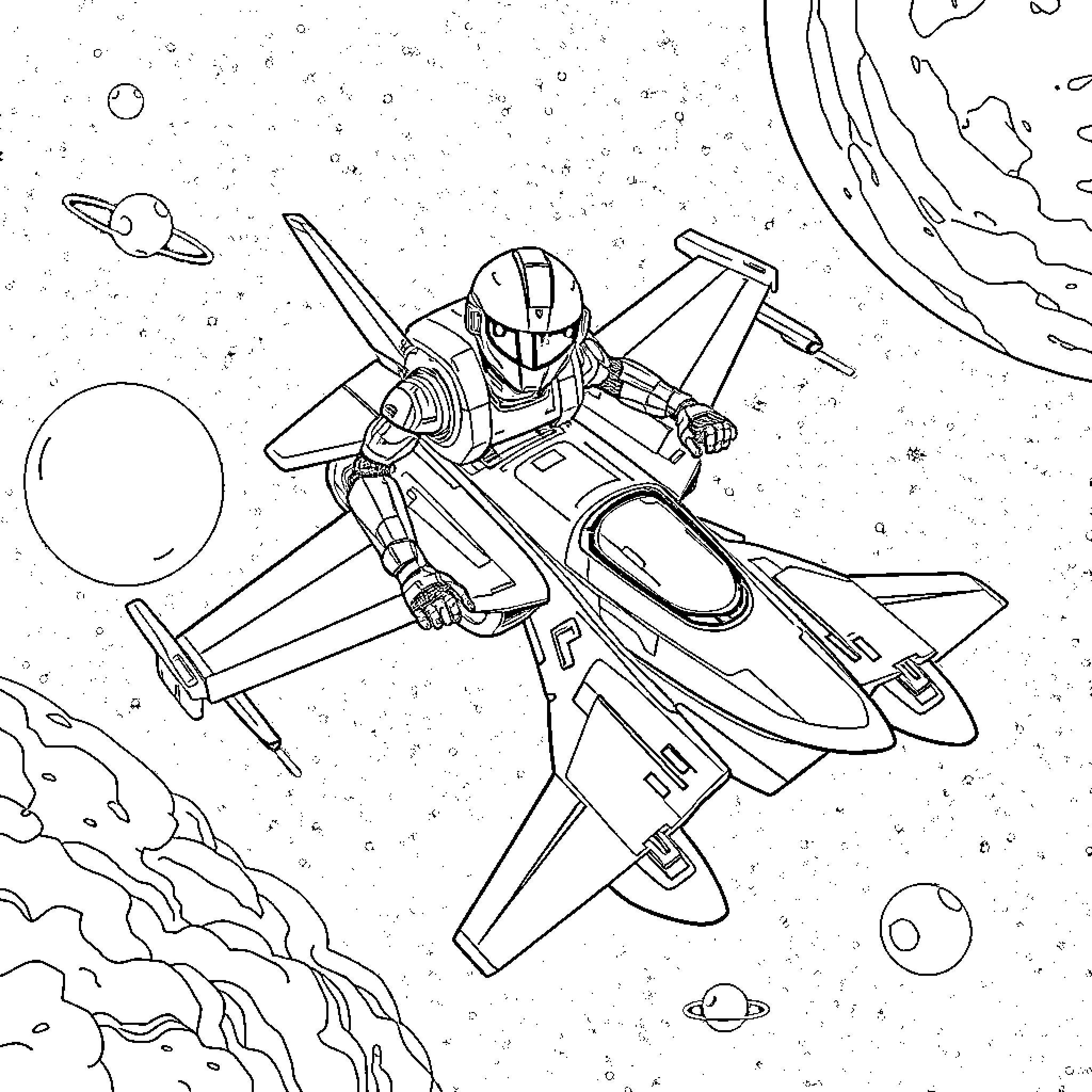 Robot fighter pilot soaring through outer space Coloring Page (free black-and-white line drawing printable PDF for all, from beginners to advanced learners, including children, teens, adults, and seniors)