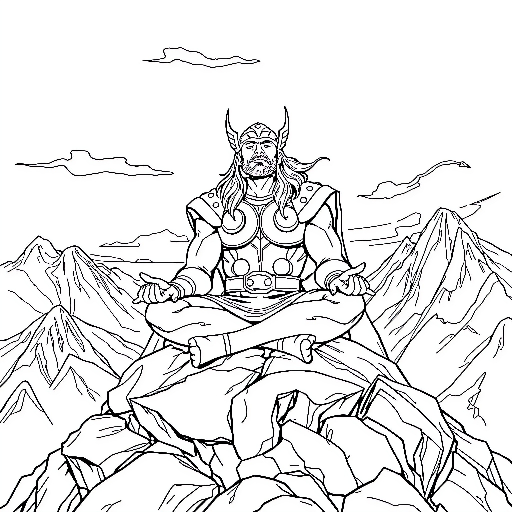 Thor Meditating Atop Rugged Mountain Peaks Coloring Page (free black-and-white line drawing printable PDF for all, from beginners to advanced learners, including children, teens, adults, and seniors)