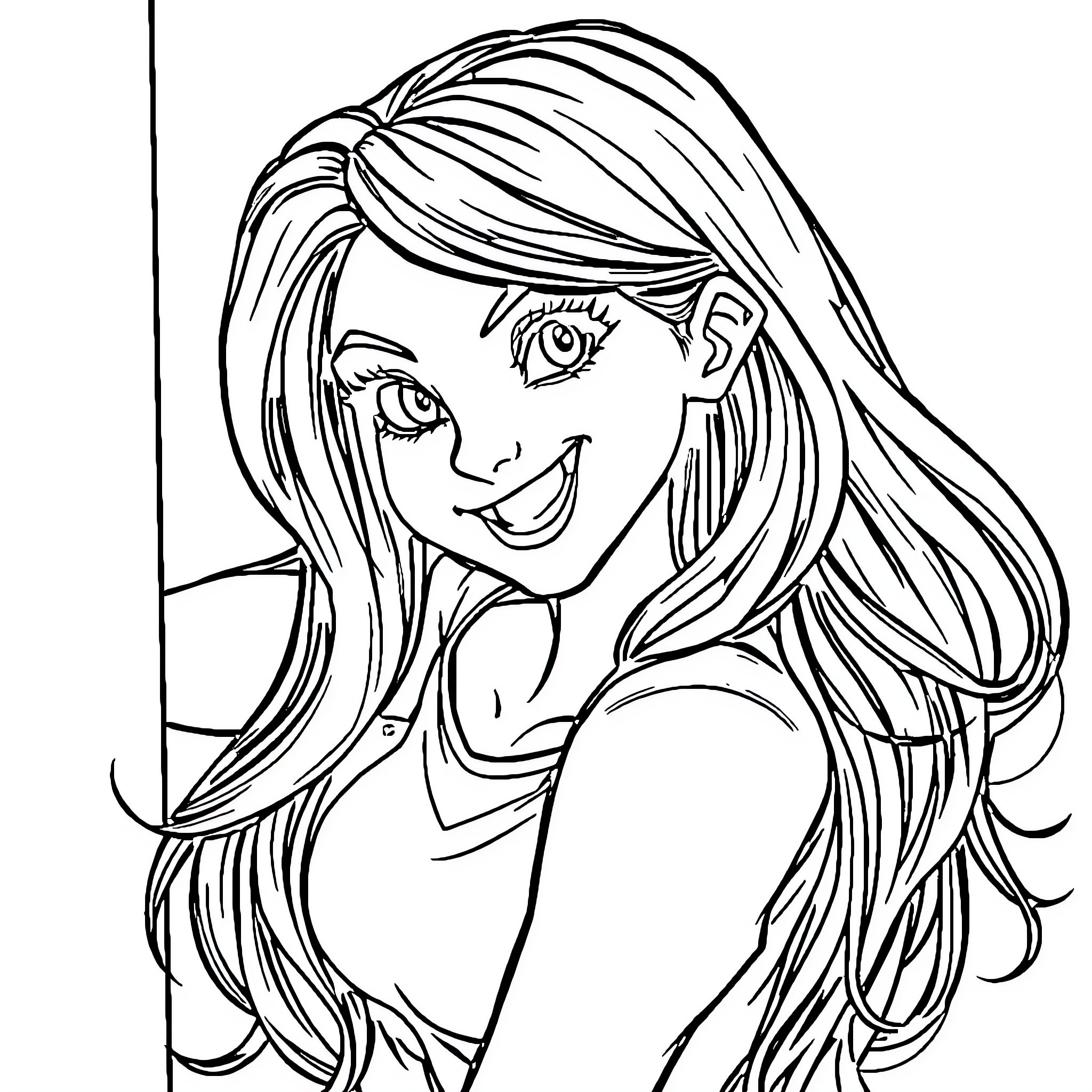 Girl with long flowing hair and a cheerful expression Coloring Page (free black-and-white line drawing printable PDF for all, from beginners to advanced learners, including children, teens, adults, and seniors)